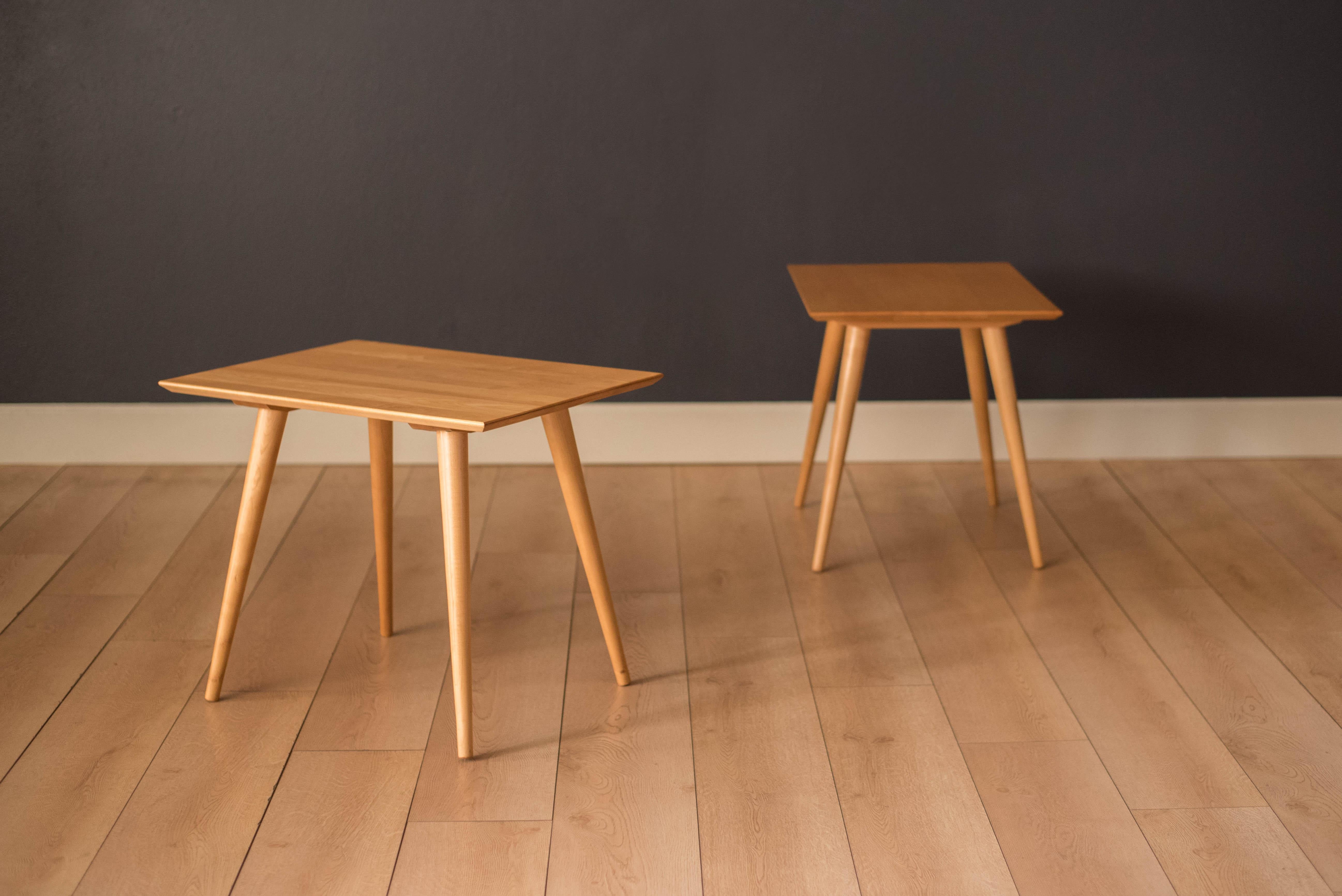 Mid Century pair of Planner Group side tables designed by Paul McCobb for Winchendon Furniture. This set features a rectangular solid planked maple top and classic splayed dowel legs. Price is for the pair.



Offered by Mid Century Maddist