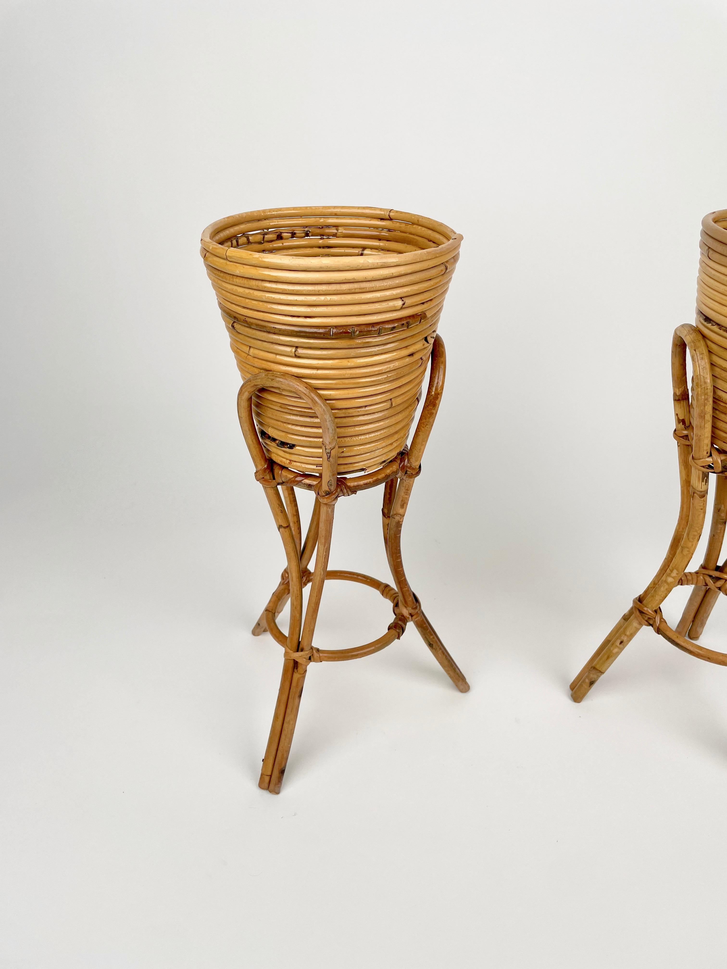 Mid-Century Pair of Planters Vases Holders Rattan & Bamboo, Italy 1960s For Sale 5