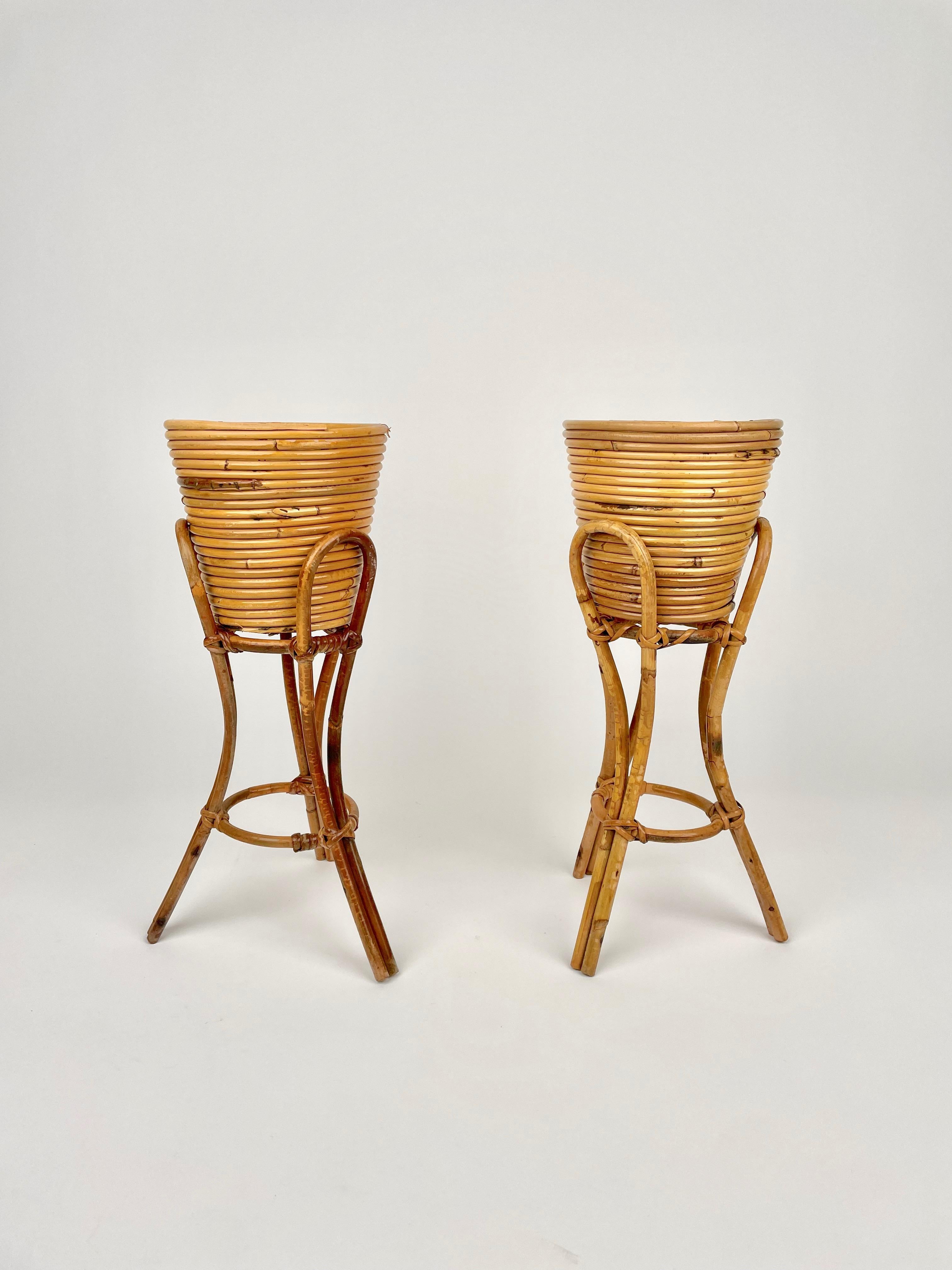 Mid-Century Modern Mid-Century Pair of Planters Vases Holders Rattan & Bamboo, Italy 1960s For Sale