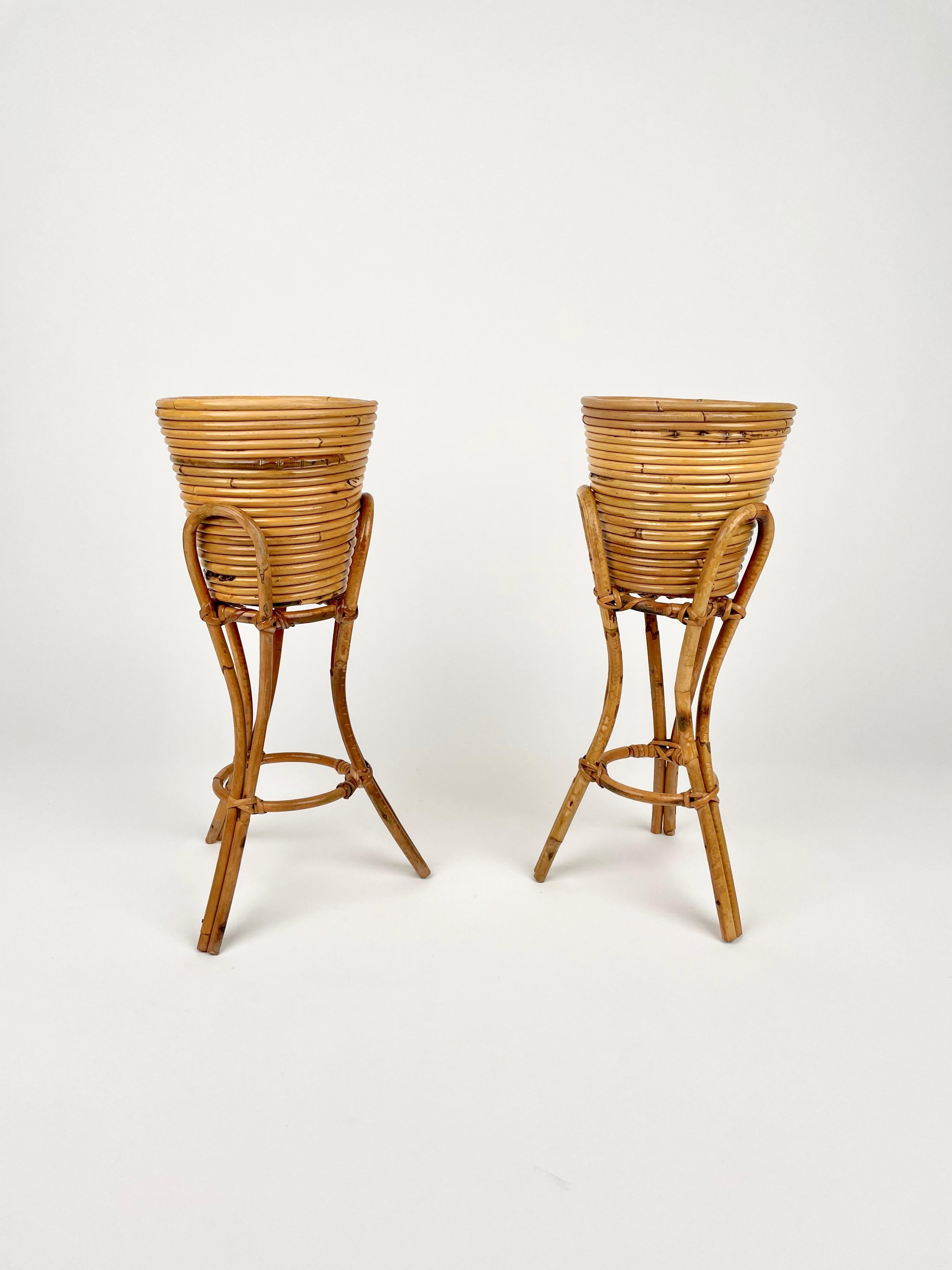 Italian Mid-Century Pair of Planters Vases Holders Rattan & Bamboo, Italy 1960s For Sale