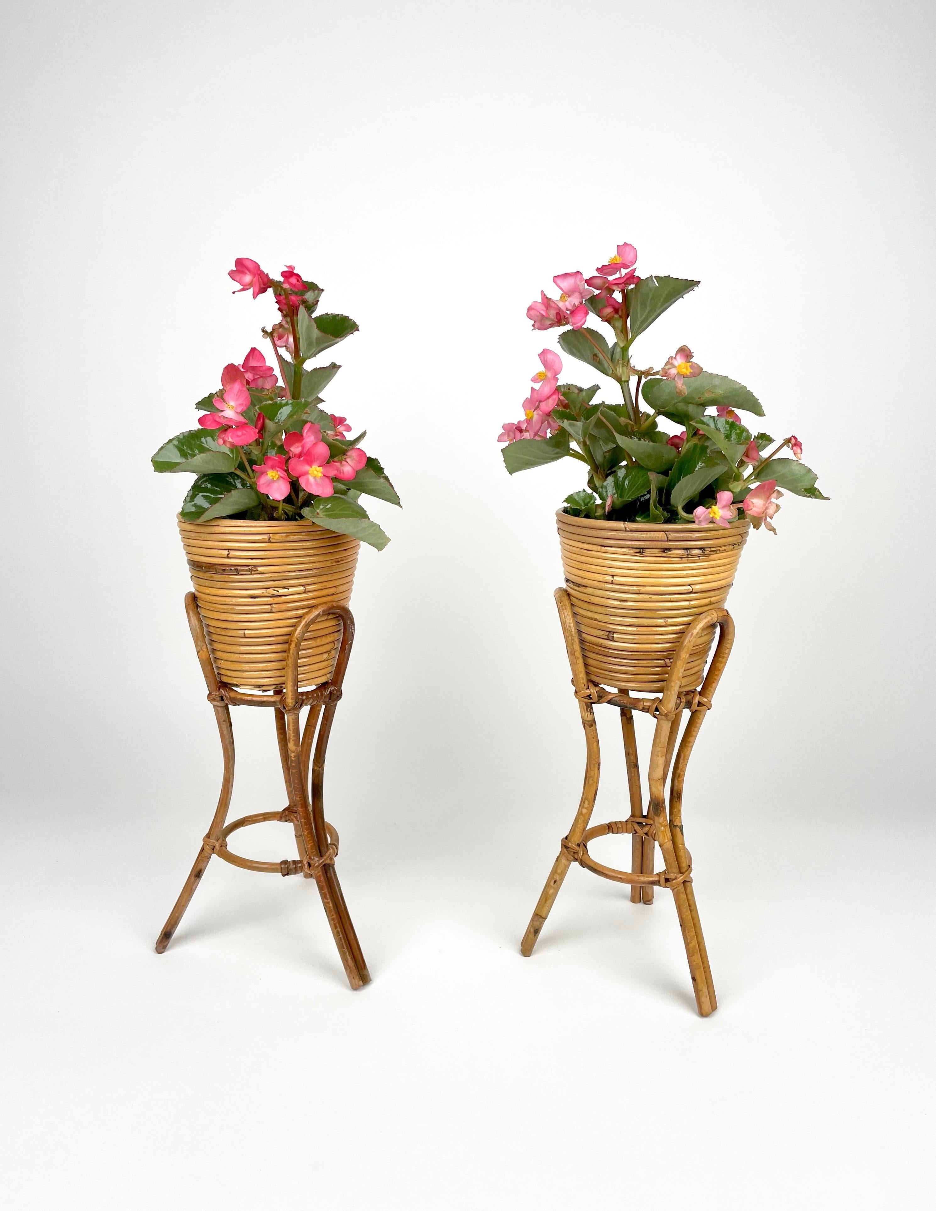 Mid-Century Pair of Planters Vases Holders Rattan & Bamboo, Italy 1960s In Good Condition For Sale In Rome, IT