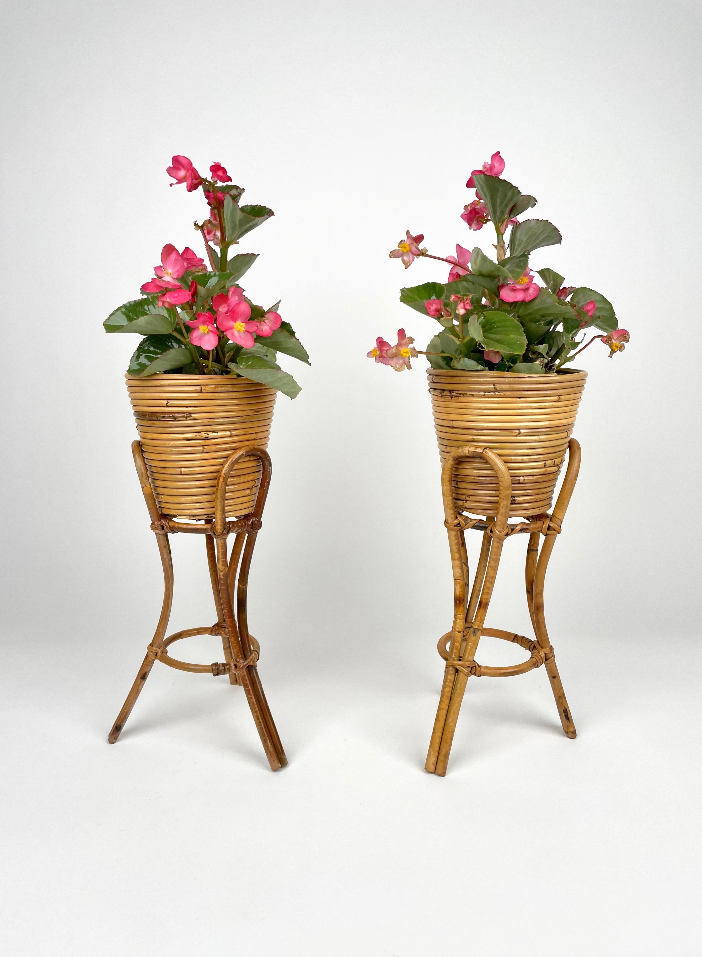 Mid-20th Century Mid-Century Pair of Planters Vases Holders Rattan & Bamboo, Italy 1960s For Sale