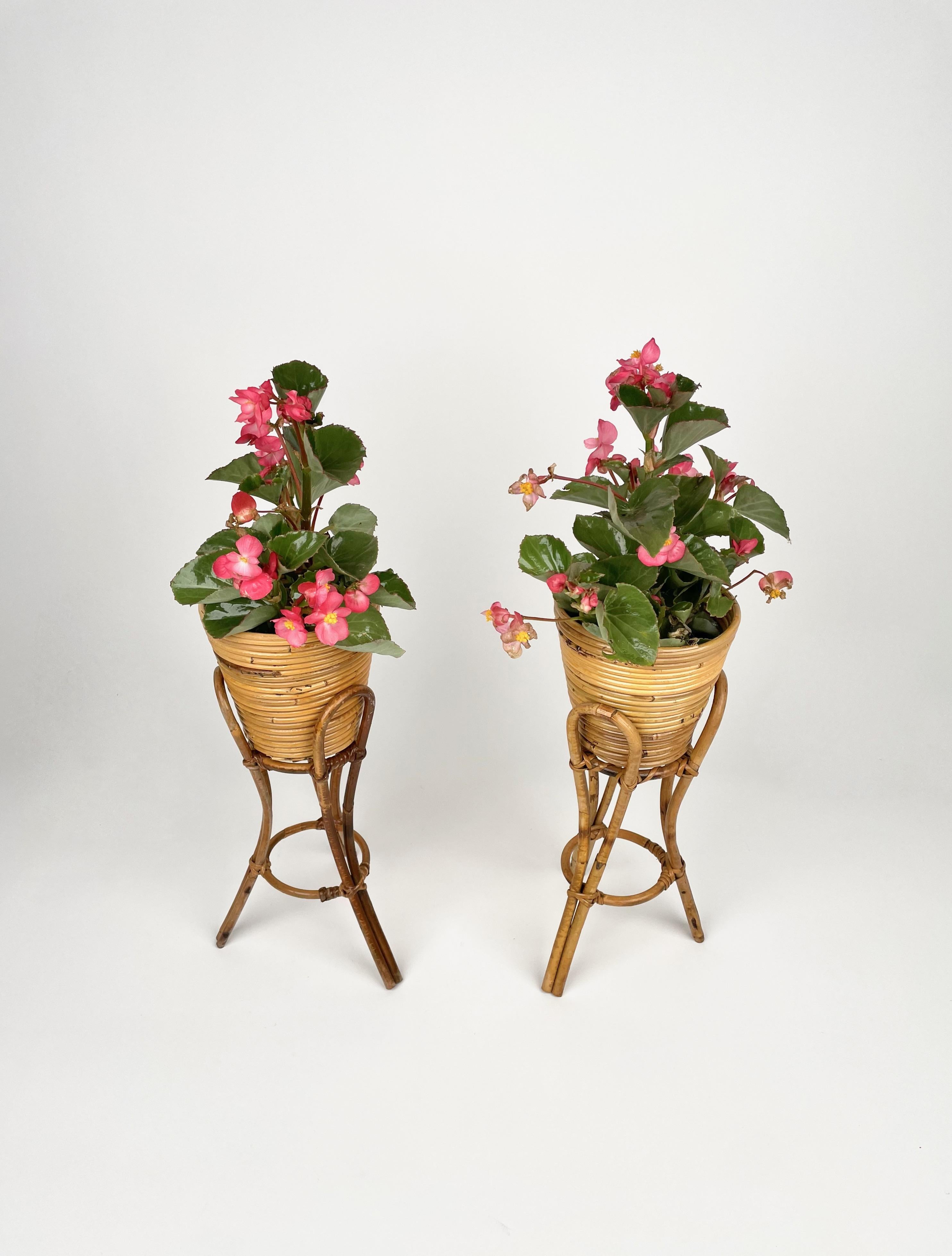 Mid-Century Pair of Planters Vases Holders Rattan & Bamboo, Italy 1960s For Sale 1