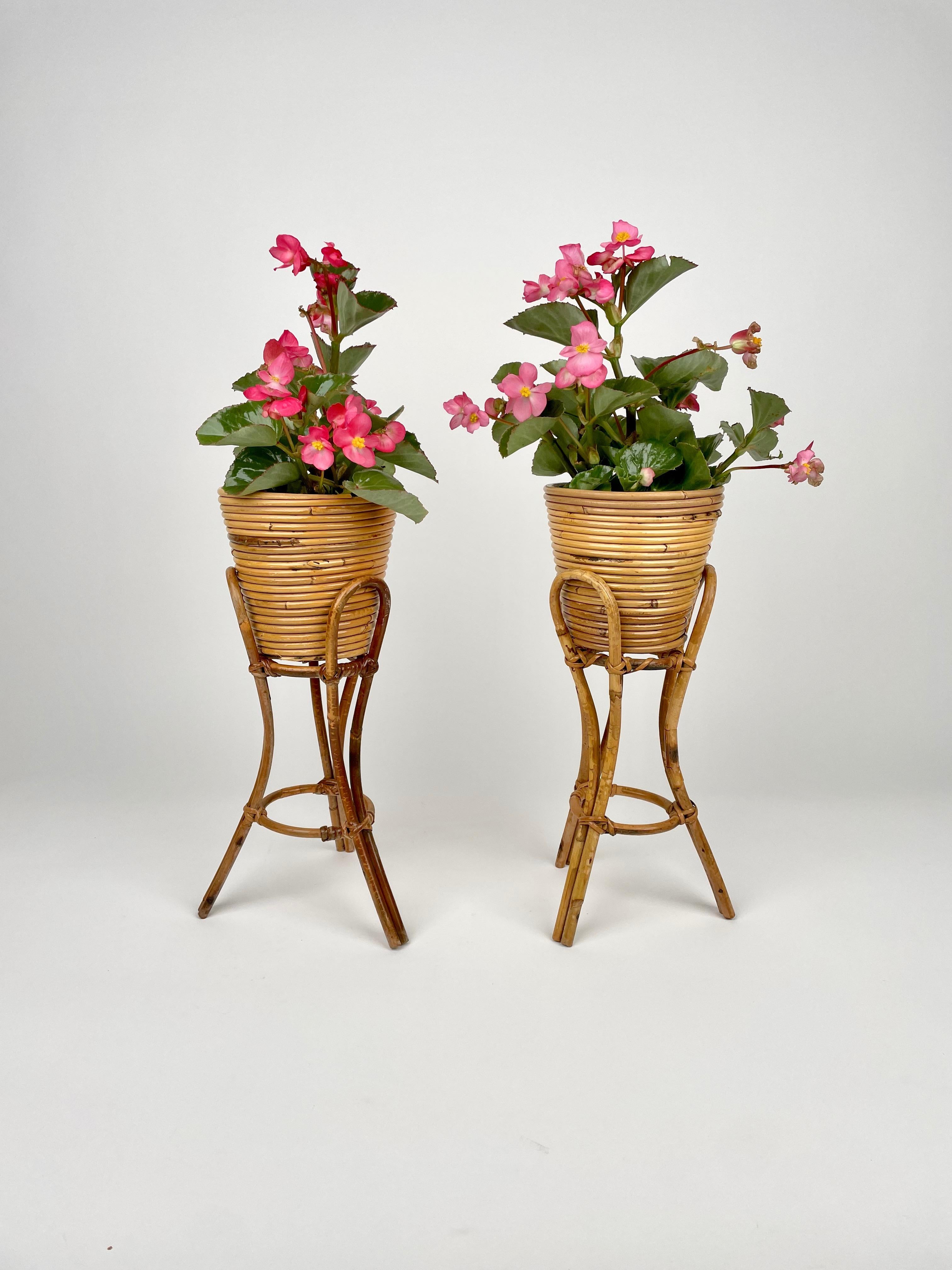 Mid-Century Pair of Planters Vases Holders Rattan & Bamboo, Italy 1960s For Sale 2