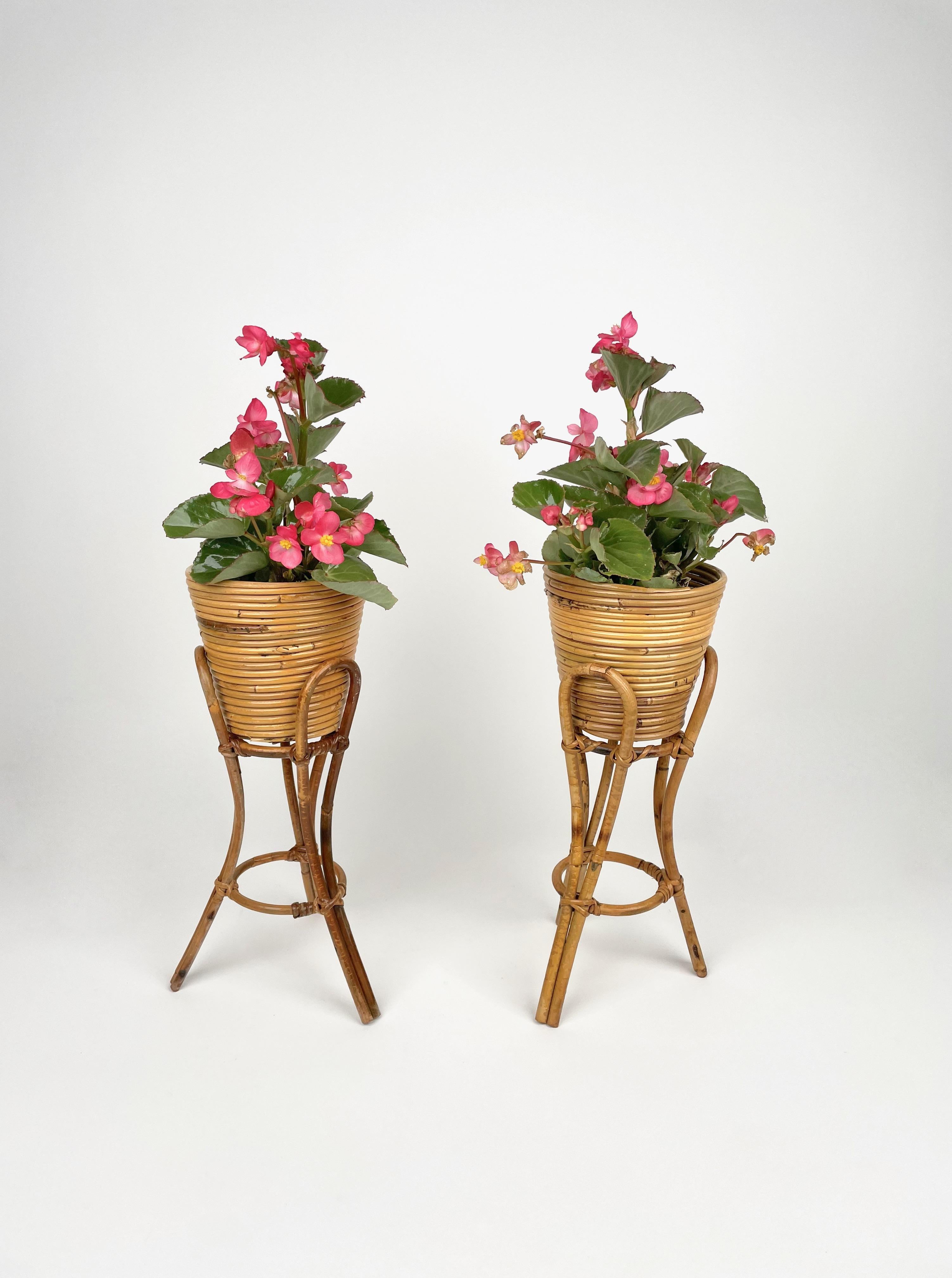 Mid-Century Pair of Planters Vases Holders Rattan & Bamboo, Italy 1960s For Sale 3