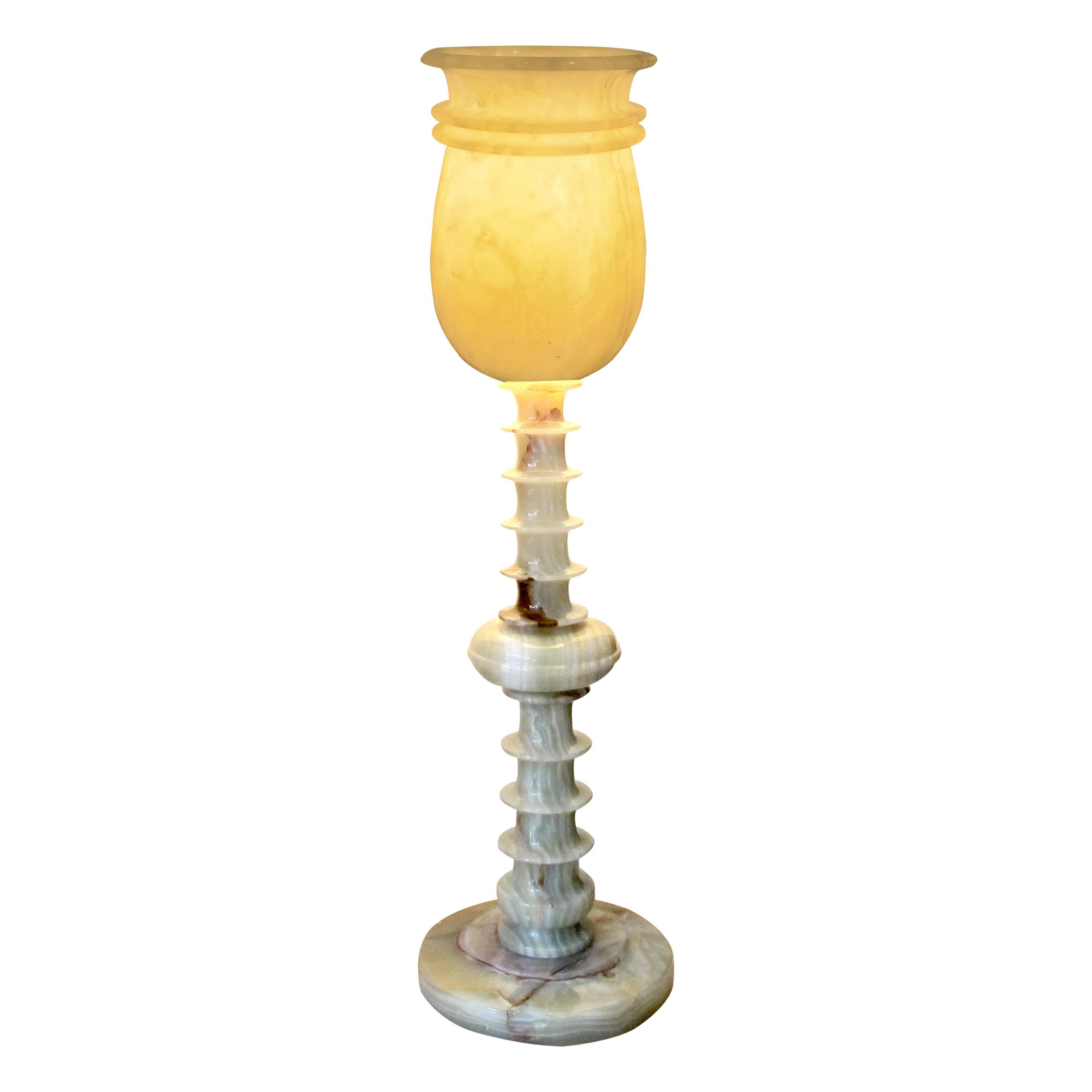 English Mid-Century Pair of Polished Green Onyx Table Lamps, French For Sale