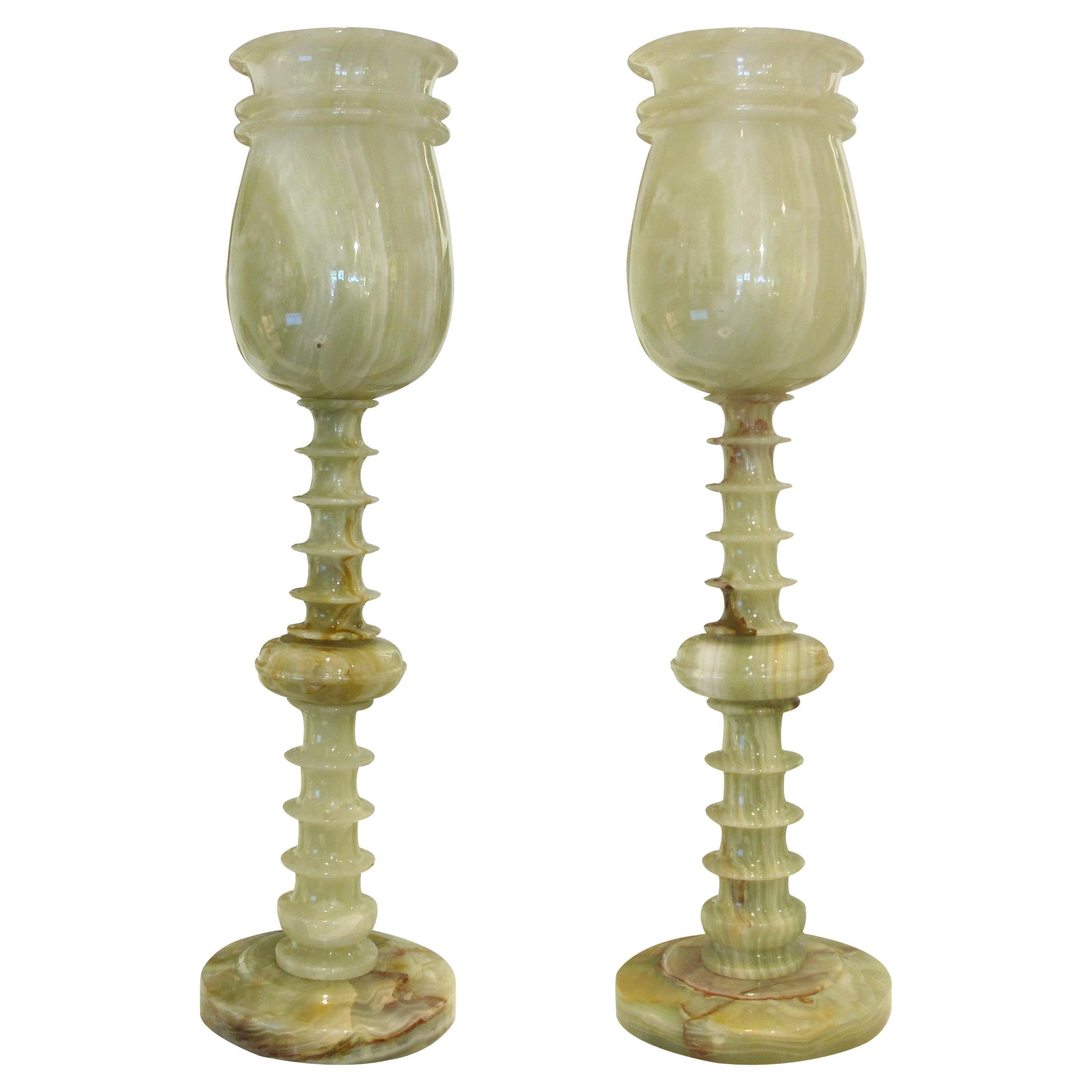 Mid-Century Pair of Polished Green Onyx Table Lamps, English