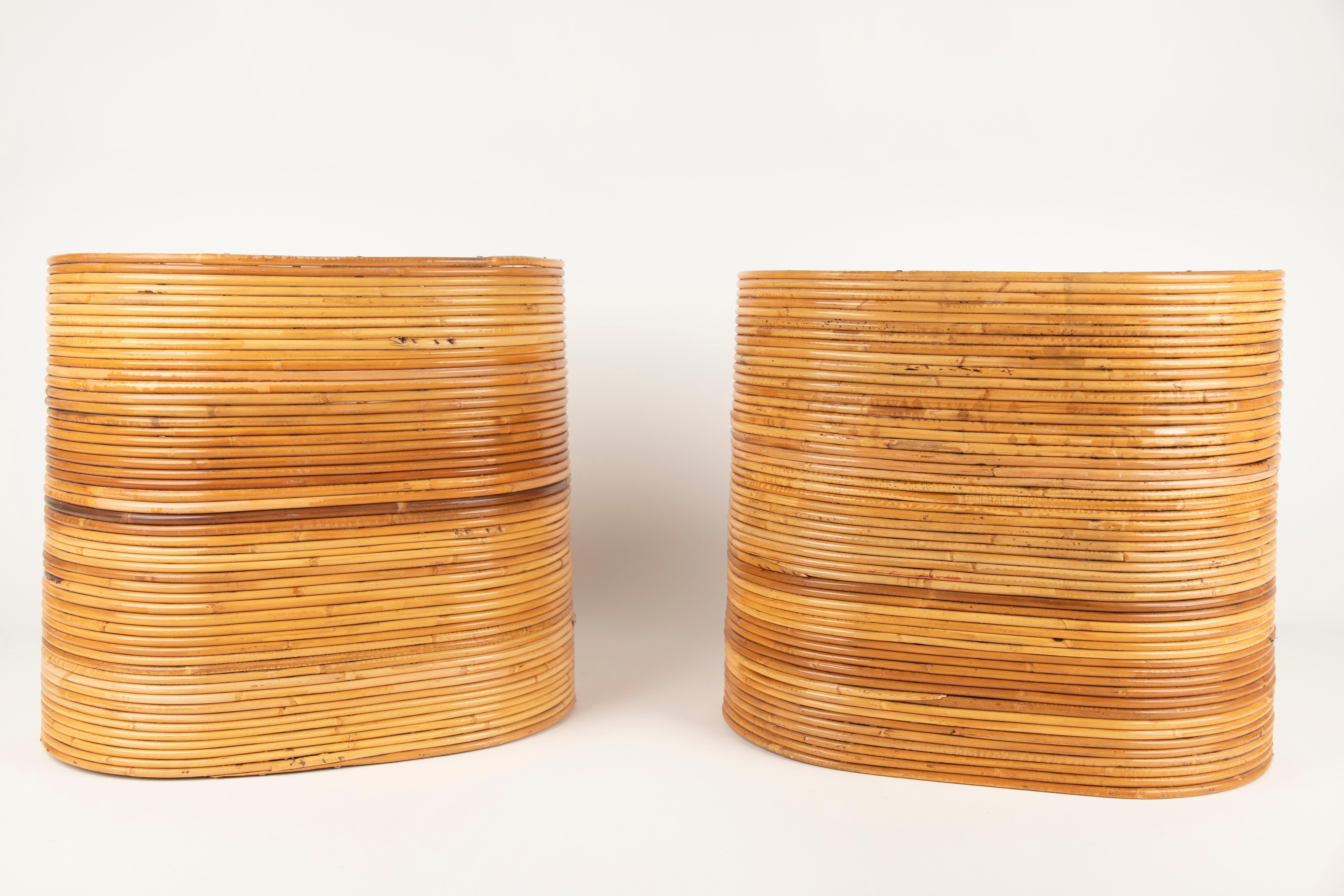Mid-Century Modern Mid-Century Pair of Rattan and Bamboo Oval Basket Plant Holder Vase, Italy 1960s For Sale