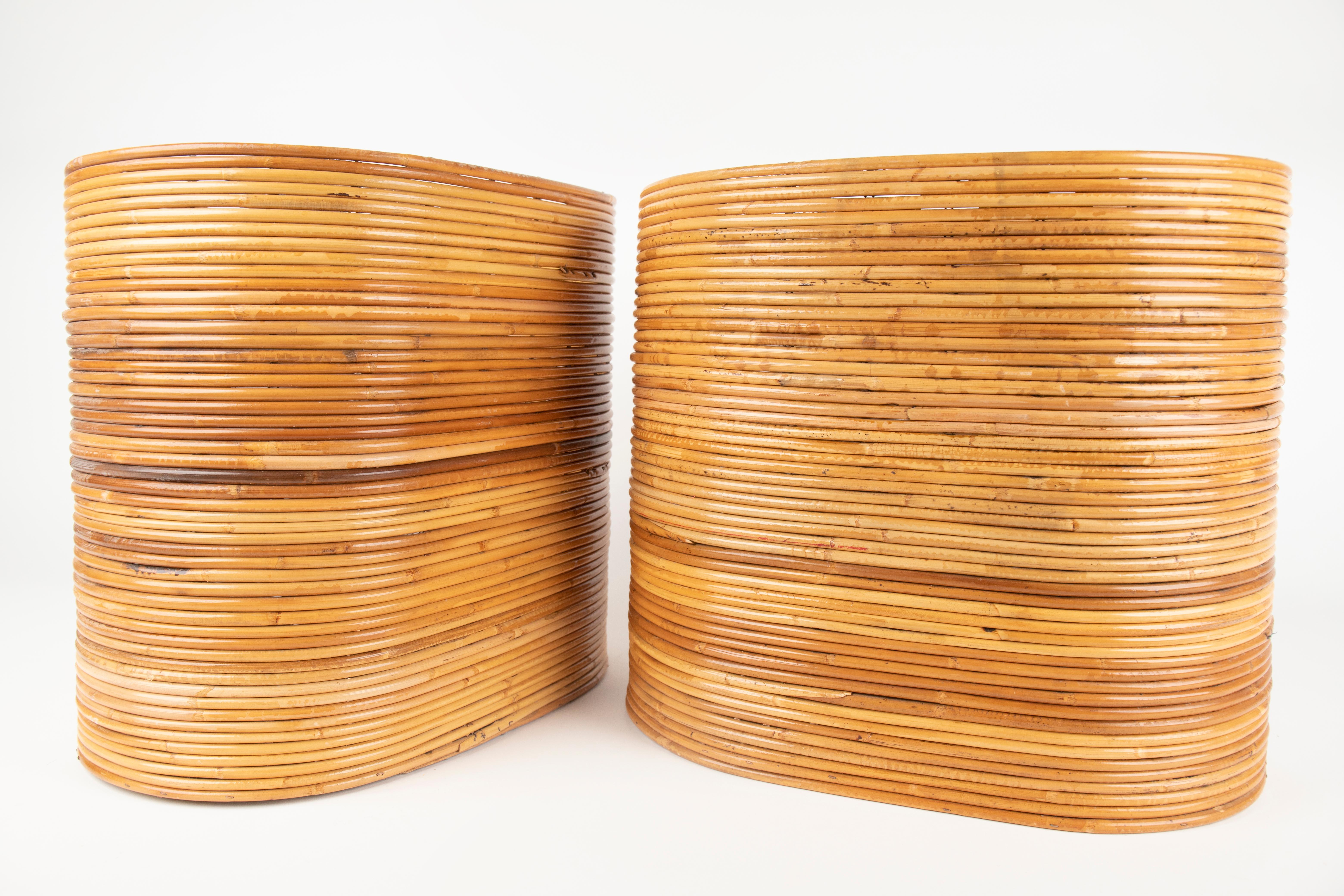 Italian Mid-Century Pair of Rattan and Bamboo Oval Basket Plant Holder Vase, Italy 1960s For Sale