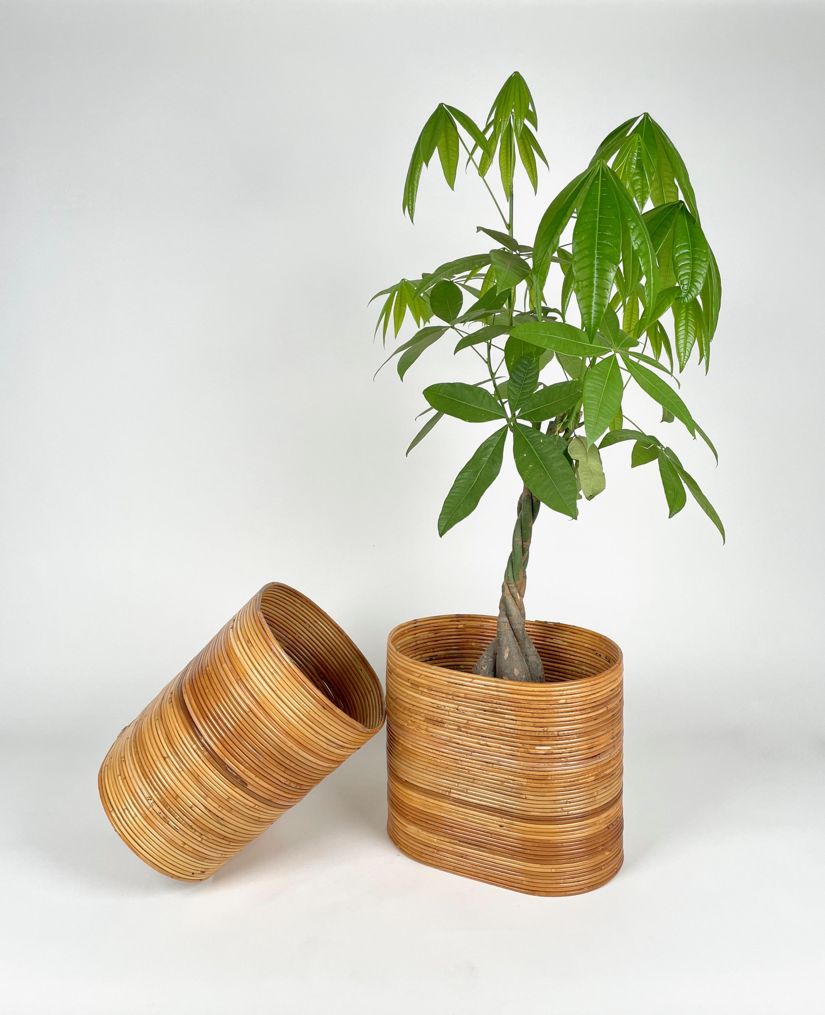 Mid-20th Century Mid-Century Pair of Rattan and Bamboo Oval Basket Plant Holder Vase, Italy 1960s For Sale