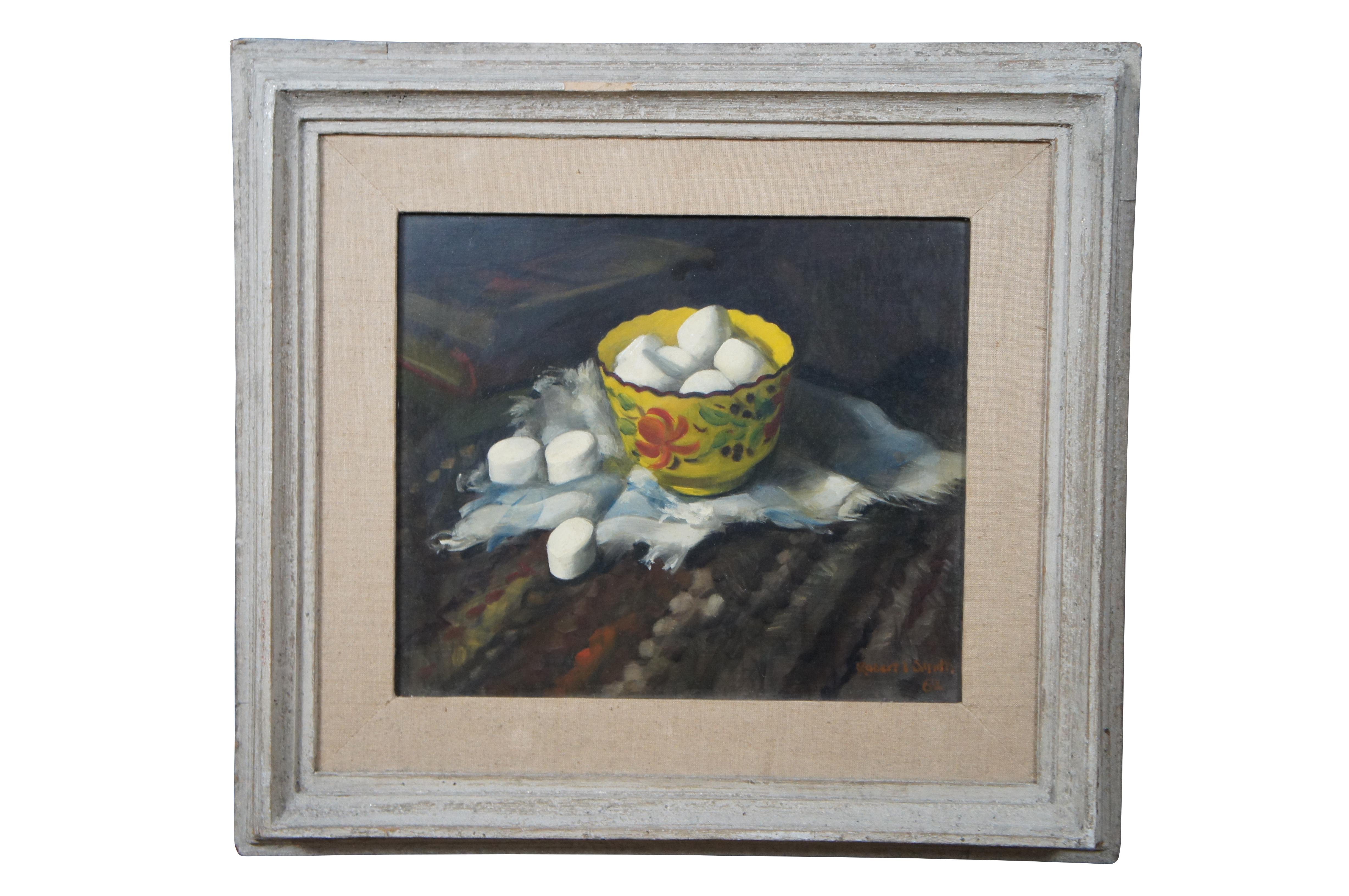 2 Robert J Smith Still Life Oil Paintings on Masonite, circa 1968.  One features a porcelain bowl full of marshmallows and the other showcases a wooden container with fruit and vegetables. Signed lower right.  Robert J Smith, 1901-1985.  He was