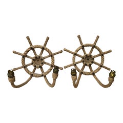 Paire d'appliques à roue de bateau en corde du milieu du siècle Adrien Audoux et Frida Minet