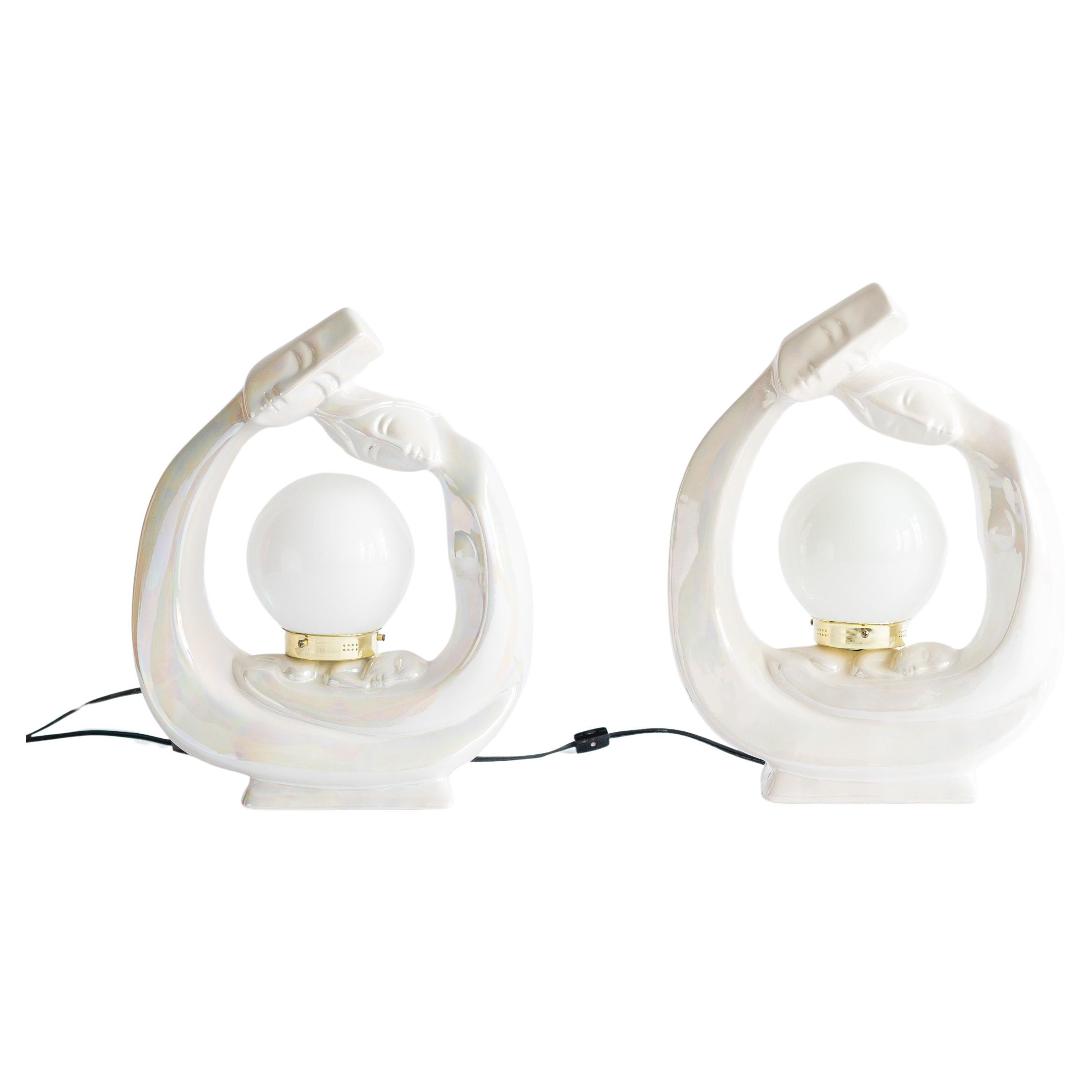 Mid-Century Pair of Round Pearlescent Ceramic "Family" Lamps with Glass Shades