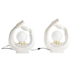 Mid-Century Pair of Round Pearlescent Ceramic "Family" Lamps with Glass Shades