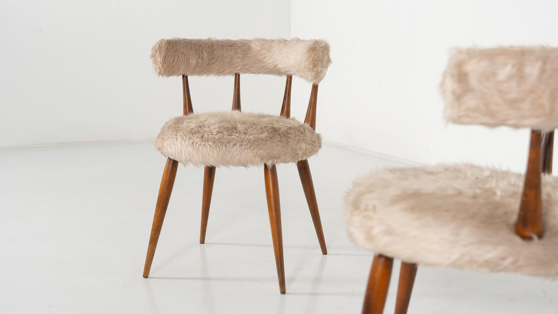 Faux Fur Mid-Century Pair of Scandinavian Cocktail Chairs - 1950s For Sale