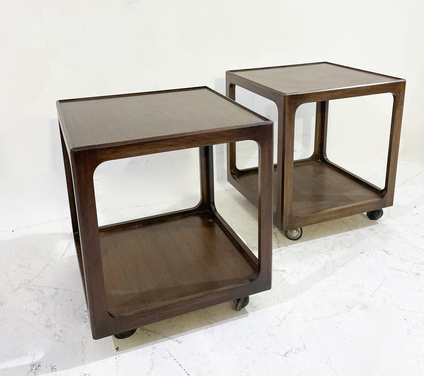 Mid-20th Century Mid-Century Pair of Side Tables with Wheels, Wood, 1960s For Sale