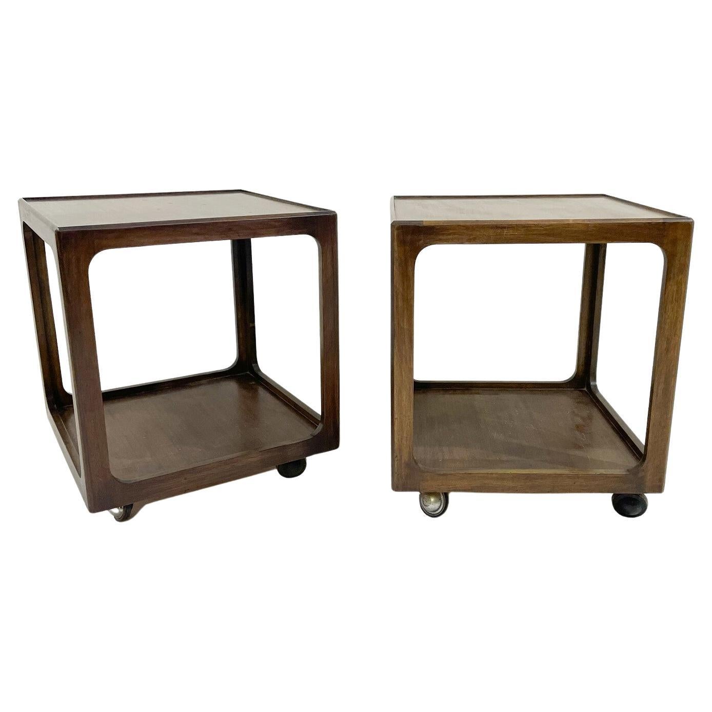 Mid-Century Pair of Side Tables with Wheels, Wood, 1960s For Sale