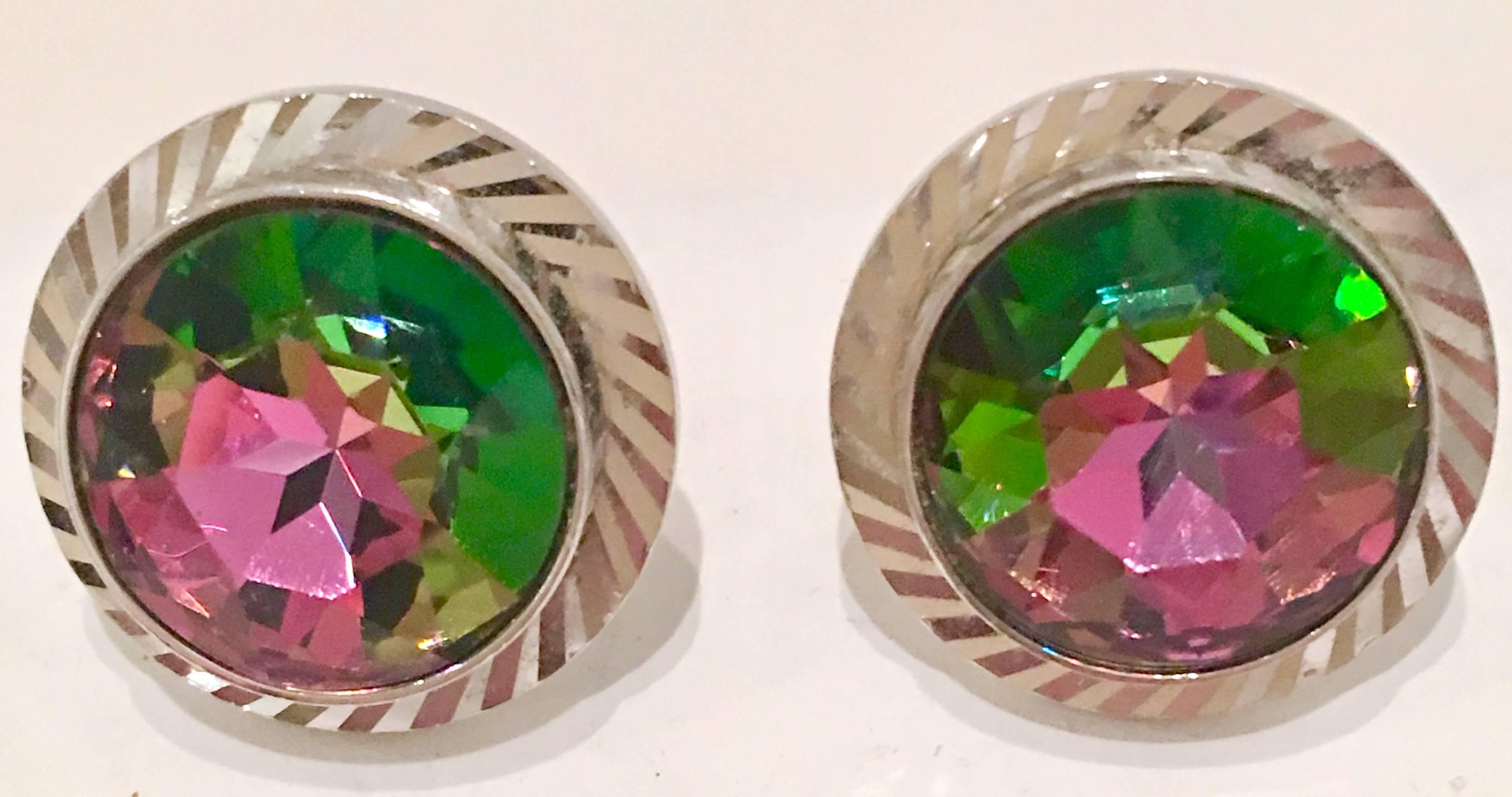 Mid-Century Modern Pair Of stunning & sparkling silver cuffl links with large and faceted Austrian crystal 