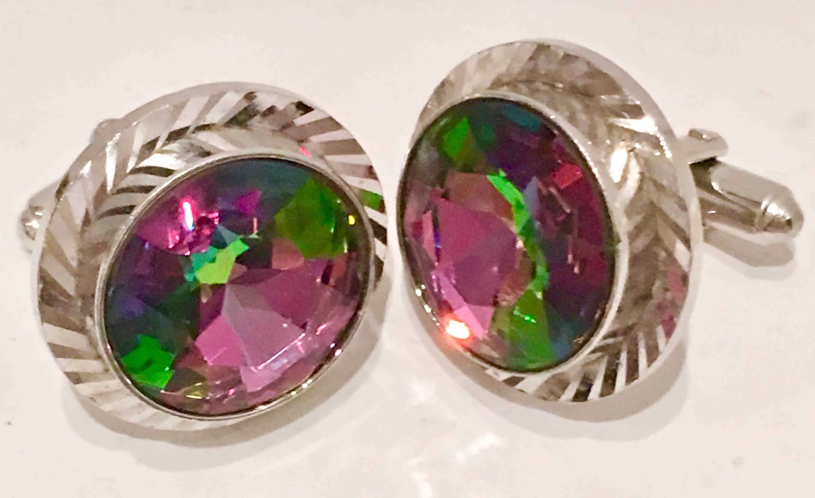 Women's or Men's Mid-Century Pair Of Silver & Crystal 