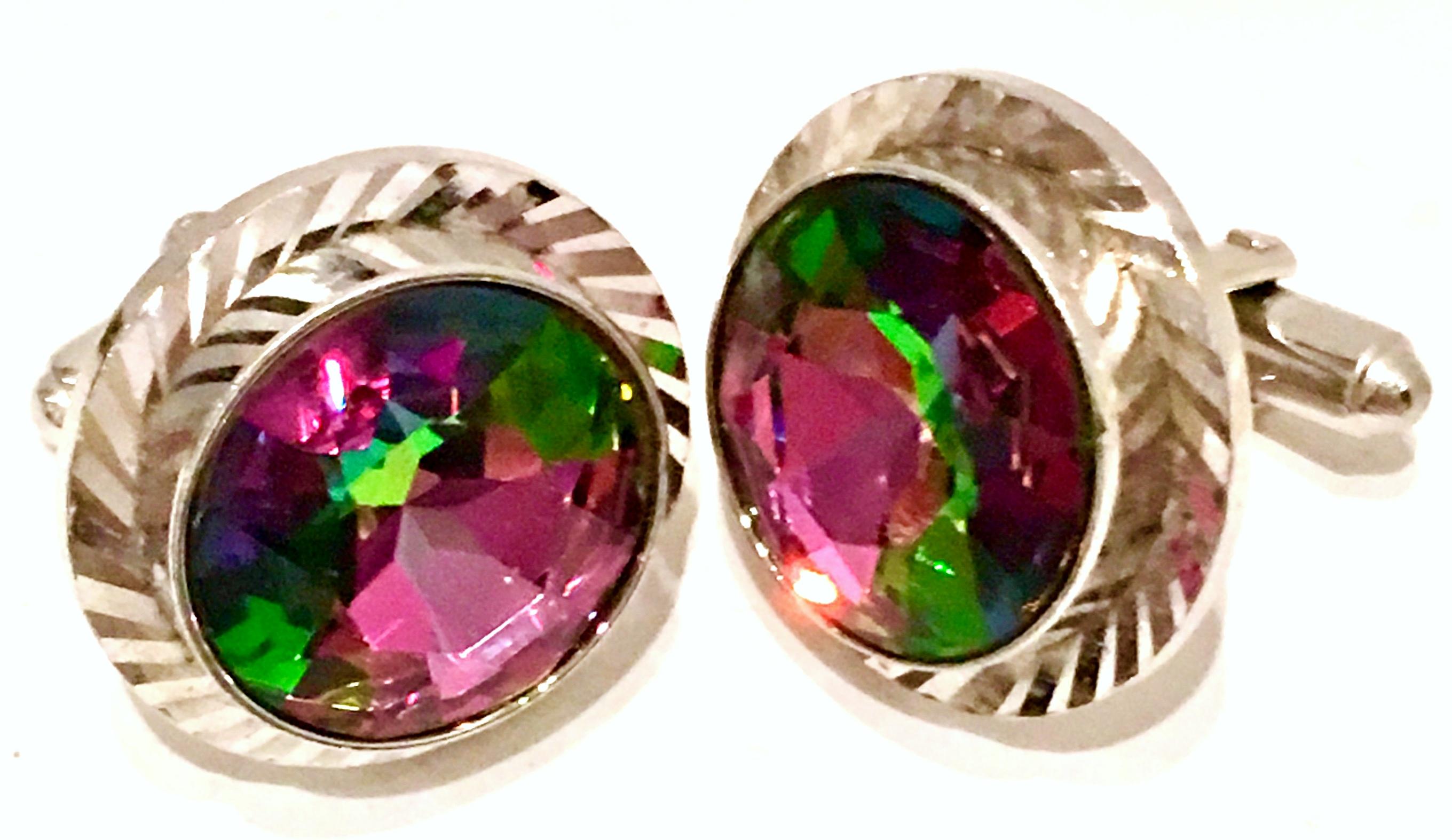 Women's or Men's Mid-Century Pair Of Silver & Crystal 