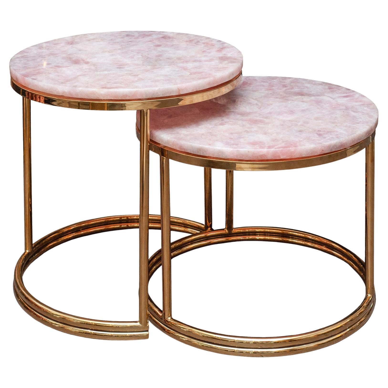 Mid Century Pair of Soft Pink Rose Quartz and Brass Nesting Table For Sale