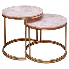 Retro Mid Century Pair of Soft Pink Rose Quartz and Brass Nesting Table