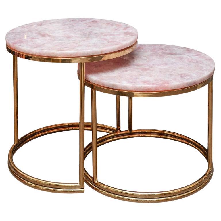 Mid Century Pair of Soft Pink Rose Quartz and Brass Nesting Table