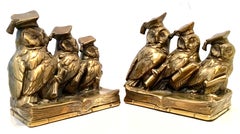 Mid-Century Pair Of Solid Brass "Scholarly Owl" Bookends By Jennings Brothers