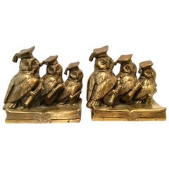 Vintage Mid-Century Pair Of Solid Brass "Scholarly Owl" Bookends By Jennings Brothers