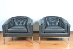 Mid-Century Pair of Steel and Leather Barrel Style Lounge Chairs