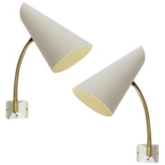 Mid Century Pair of Stilnovo Style Sconces with Flex Spoke, Brass, White, 1950s