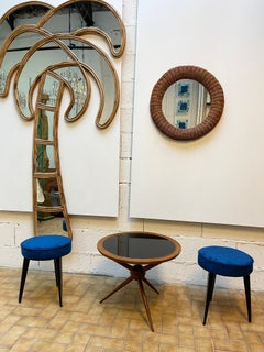 Mid-Century Pair of Stools Wood Brass Velvet by Umberto Mascagni, Italy, 1960s