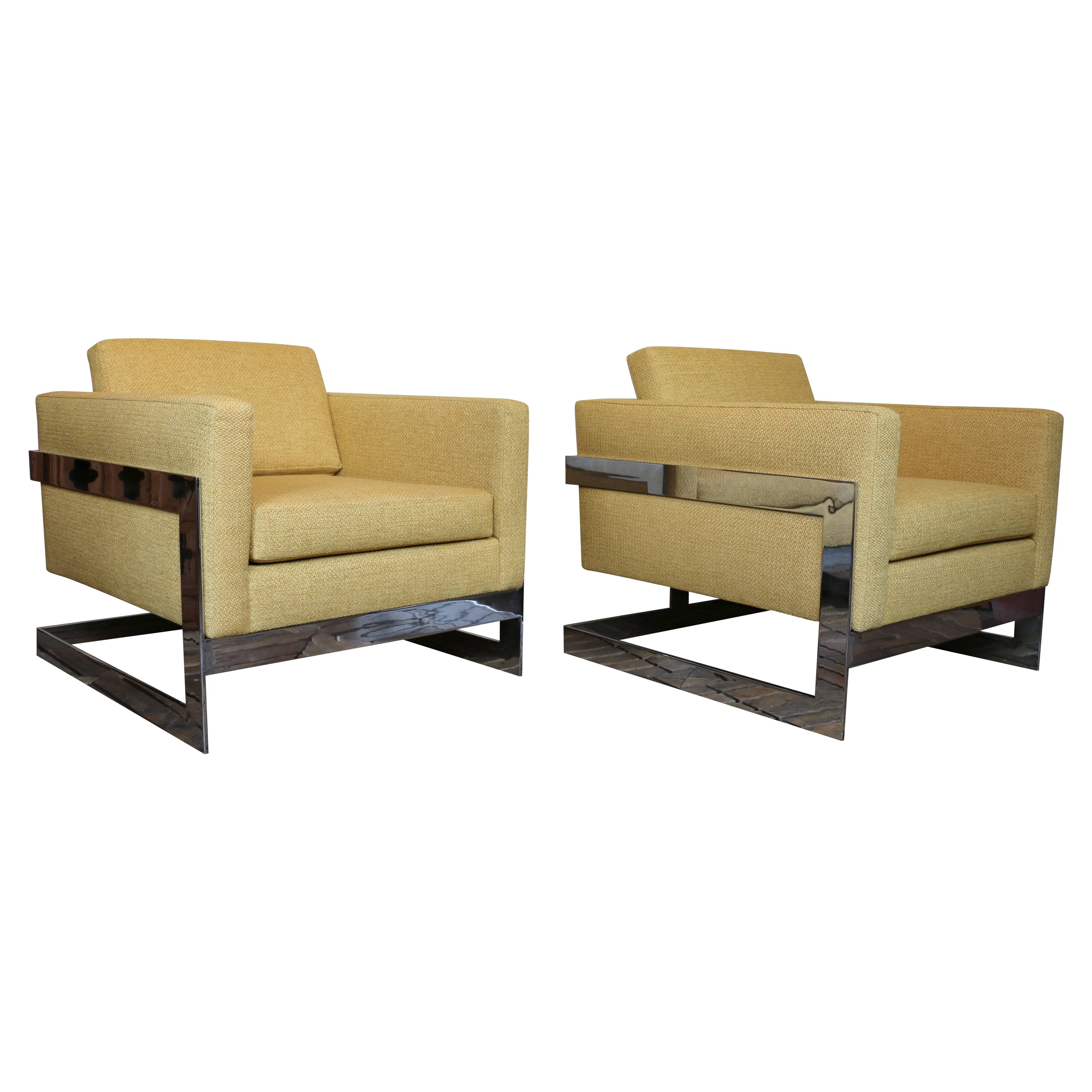 Mid-Century Pair of T-Back “Floating Cube” Lounge Chairs Milo Baughman Style — C For Sale