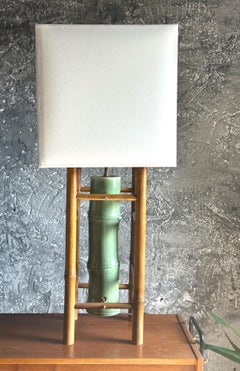 Mid Century Paar Tischlampen Glasierte Keramik und Bambus, Frankreich 1960