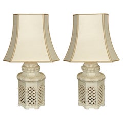 Mid-Century Pair of Table Lamps, Ivory Glazed Terracotta, Italy 1970s 