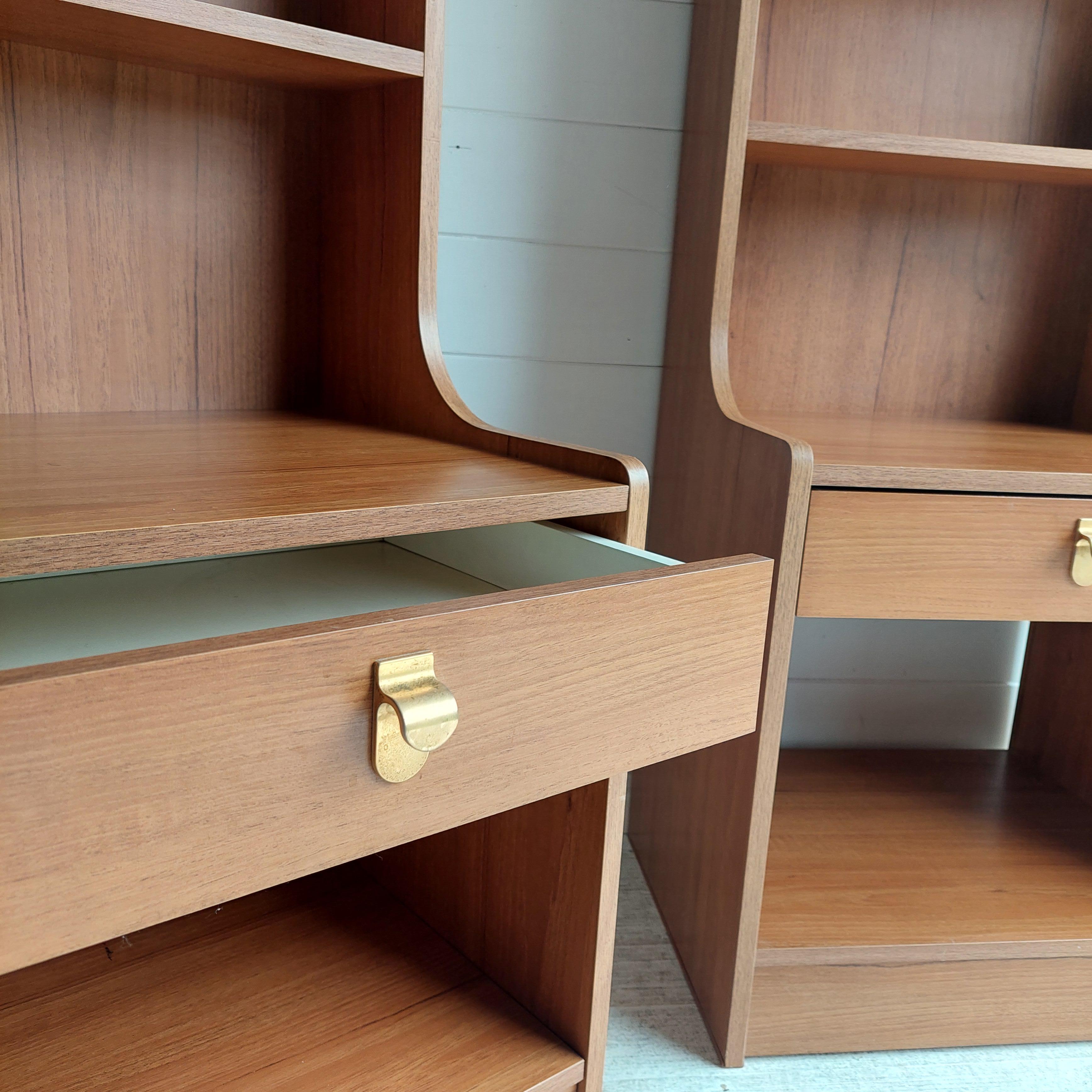 Mid Century Pair of Teak effect Bedside Tables shelving units by Schreiber, 70s 2