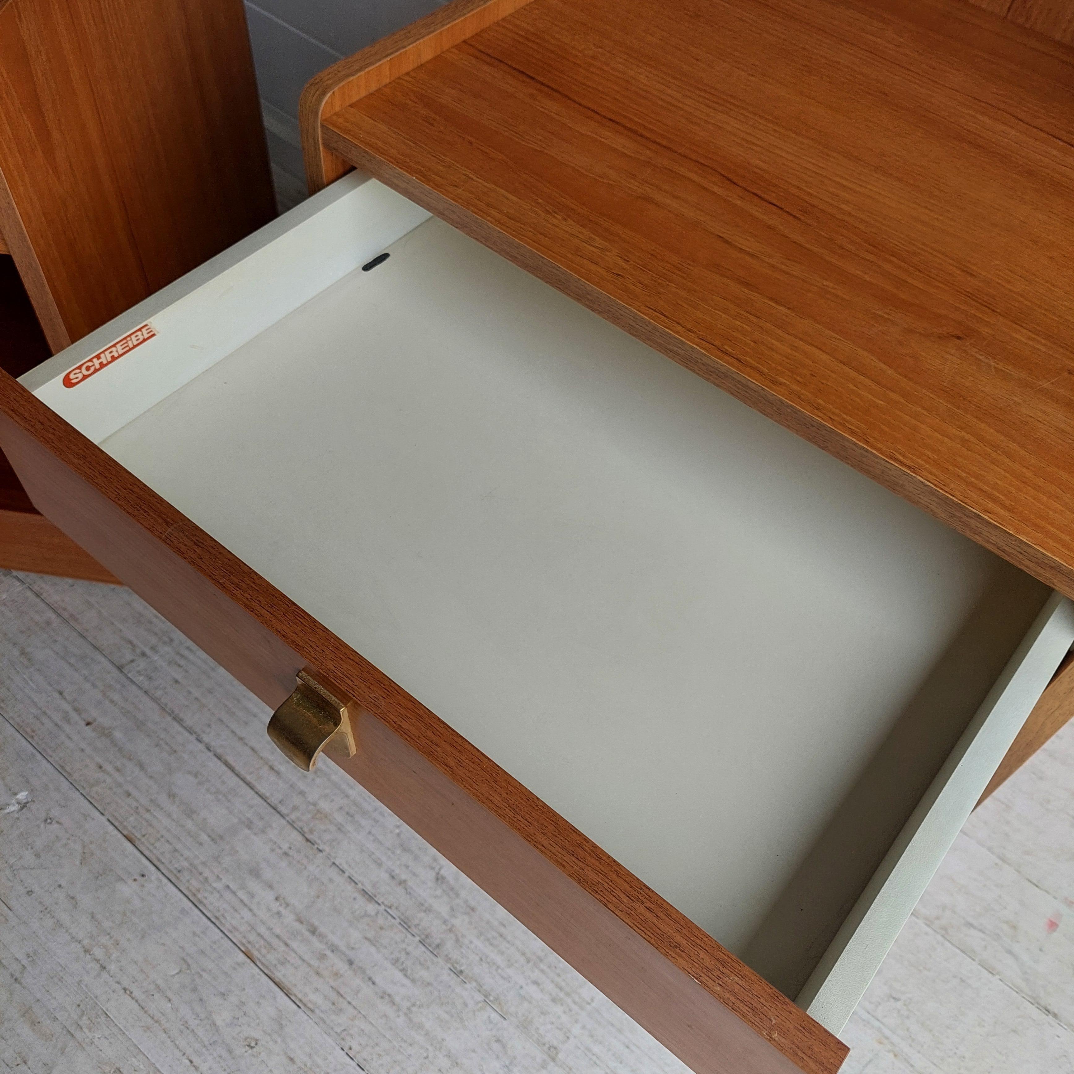 Mid Century Pair of Teak effect Bedside Tables shelving units by Schreiber, 70s 4