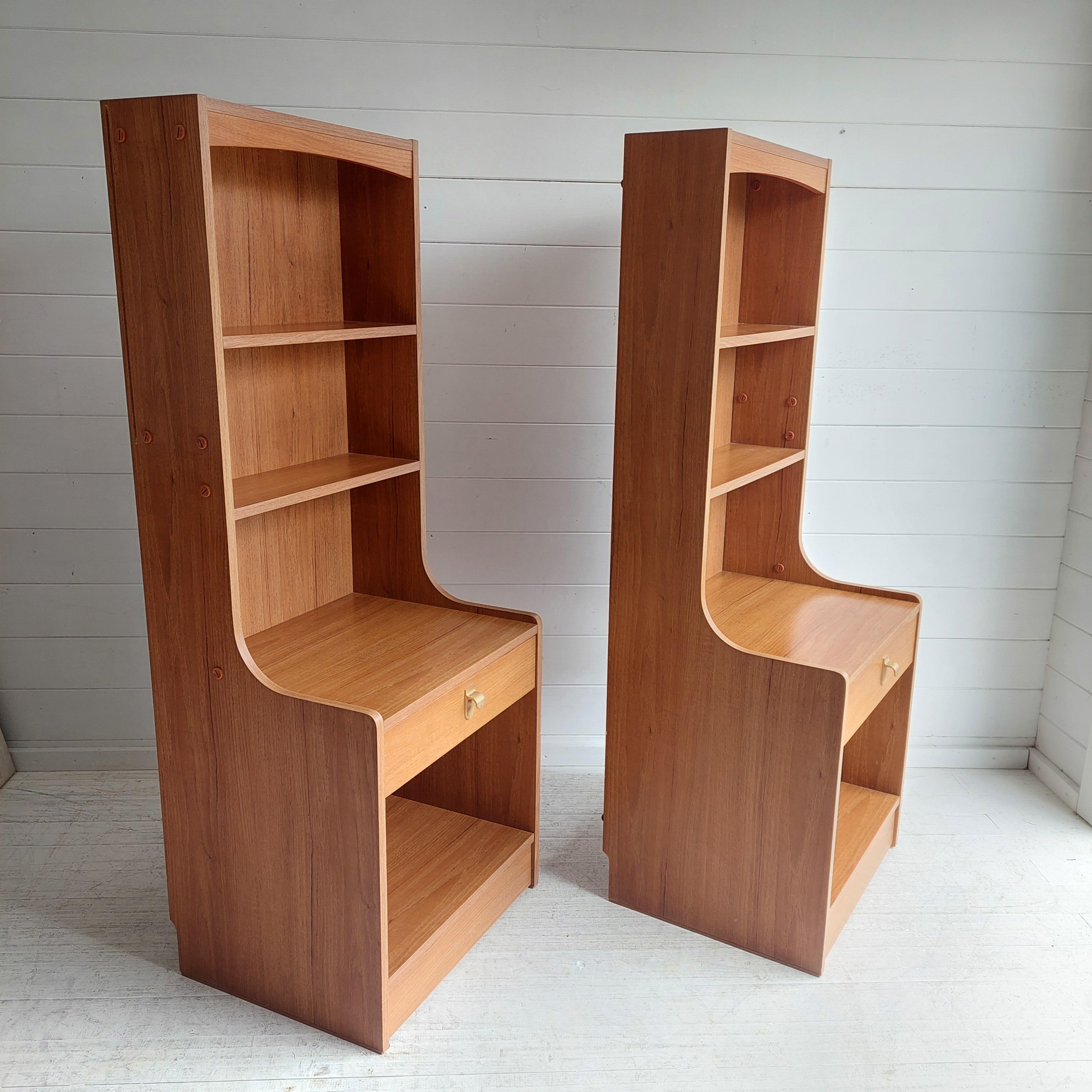 British Mid Century Pair of Teak effect Bedside Tables shelving units by Schreiber, 70s