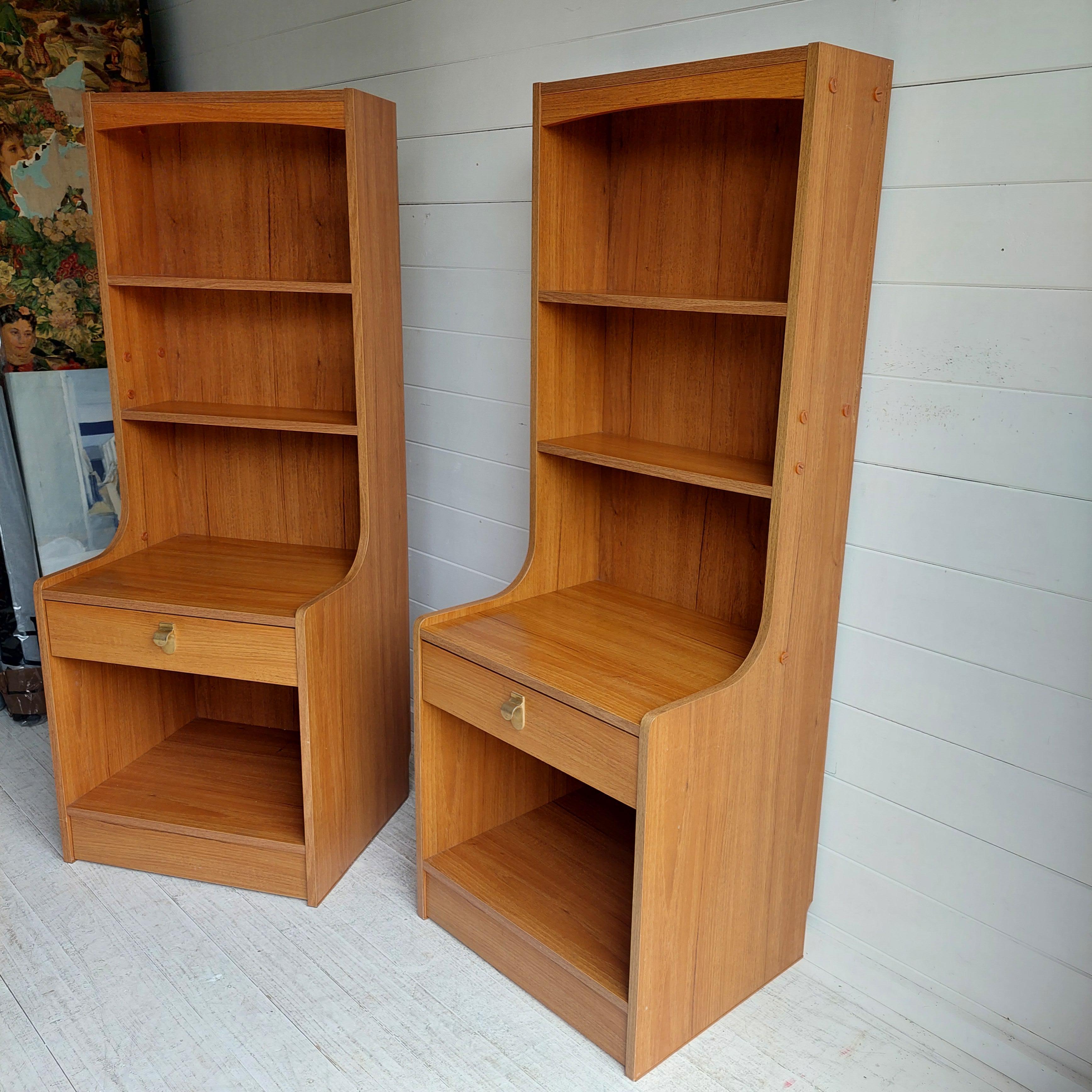 20th Century Mid Century Pair of Teak effect Bedside Tables shelving units by Schreiber, 70s For Sale