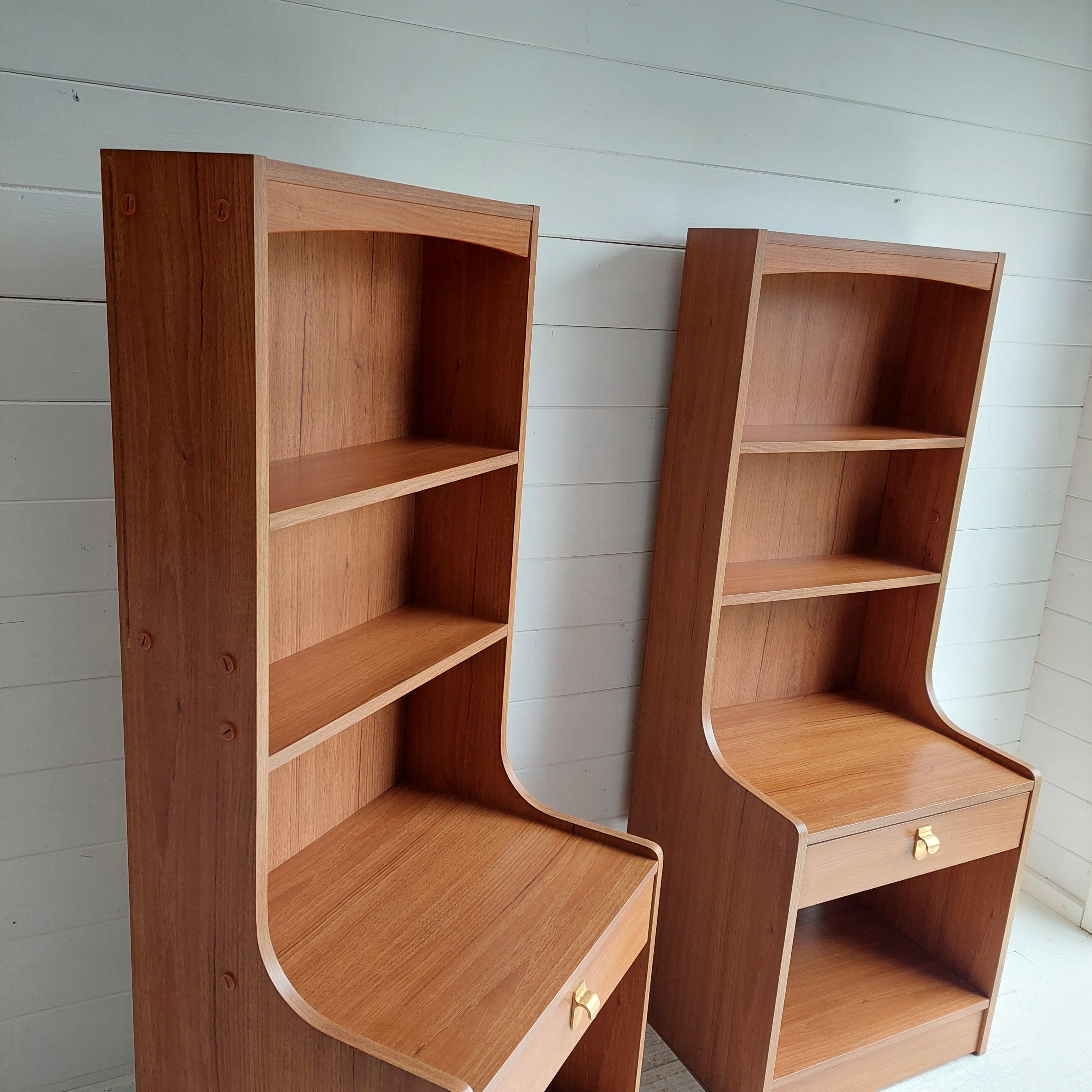 Brass Mid Century Pair of Teak effect Bedside Tables shelving units by Schreiber, 70s For Sale
