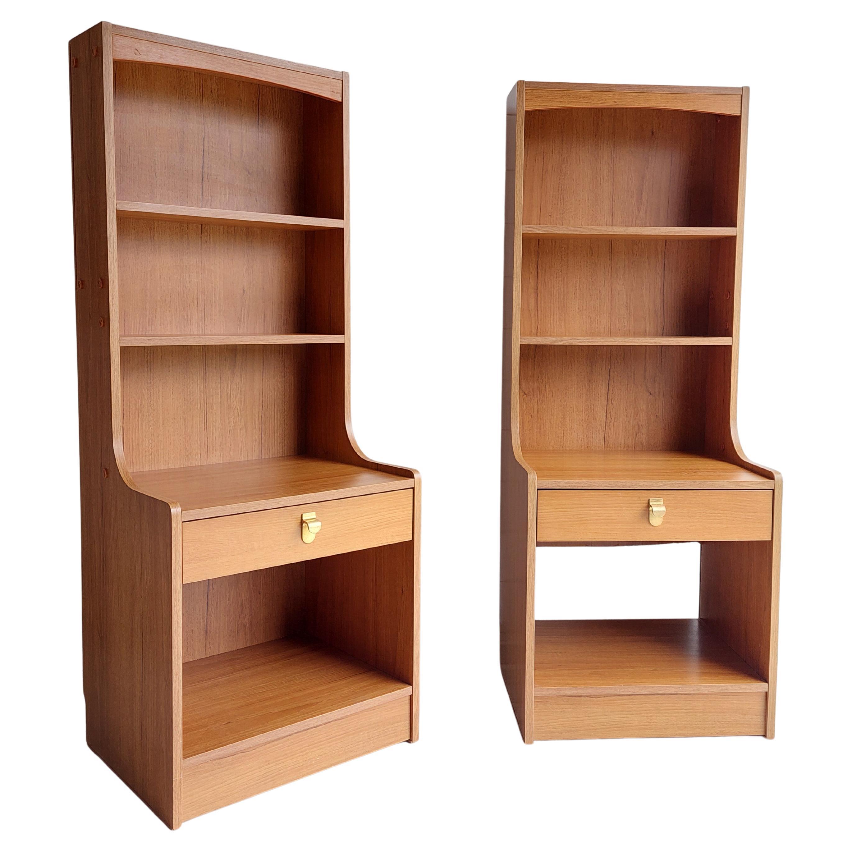 Mid Century Pair of Teak effect Bedside Tables shelving units by Schreiber, 70s For Sale