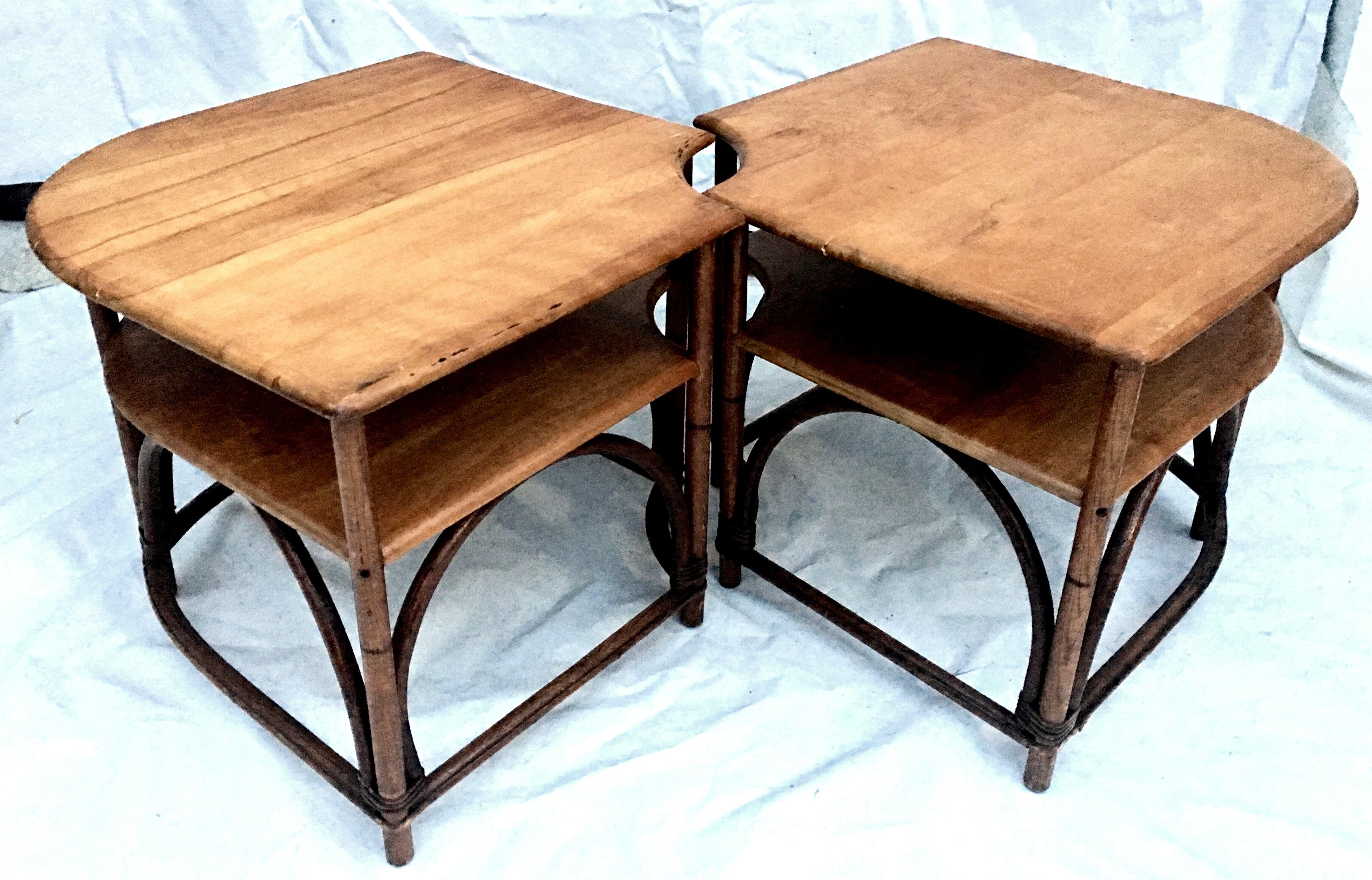 Mid-Century Modern Teak & Rattan Two-Tier Side Tables.. Lower level tabletop measures, 15