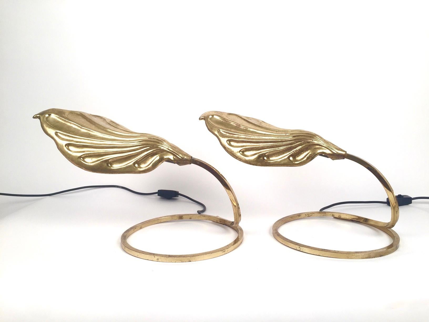 Ein Paar Tommasso Barbi-Tischlampen in Blattform aus Messing für Bottega, Mid-Century  im Angebot 6