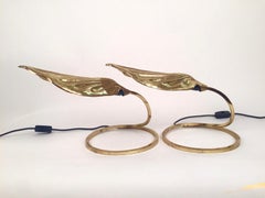 Mid-Century Pair of Tommasso Barbi Brass Leaf-Shaped Table Lamps for Bottega