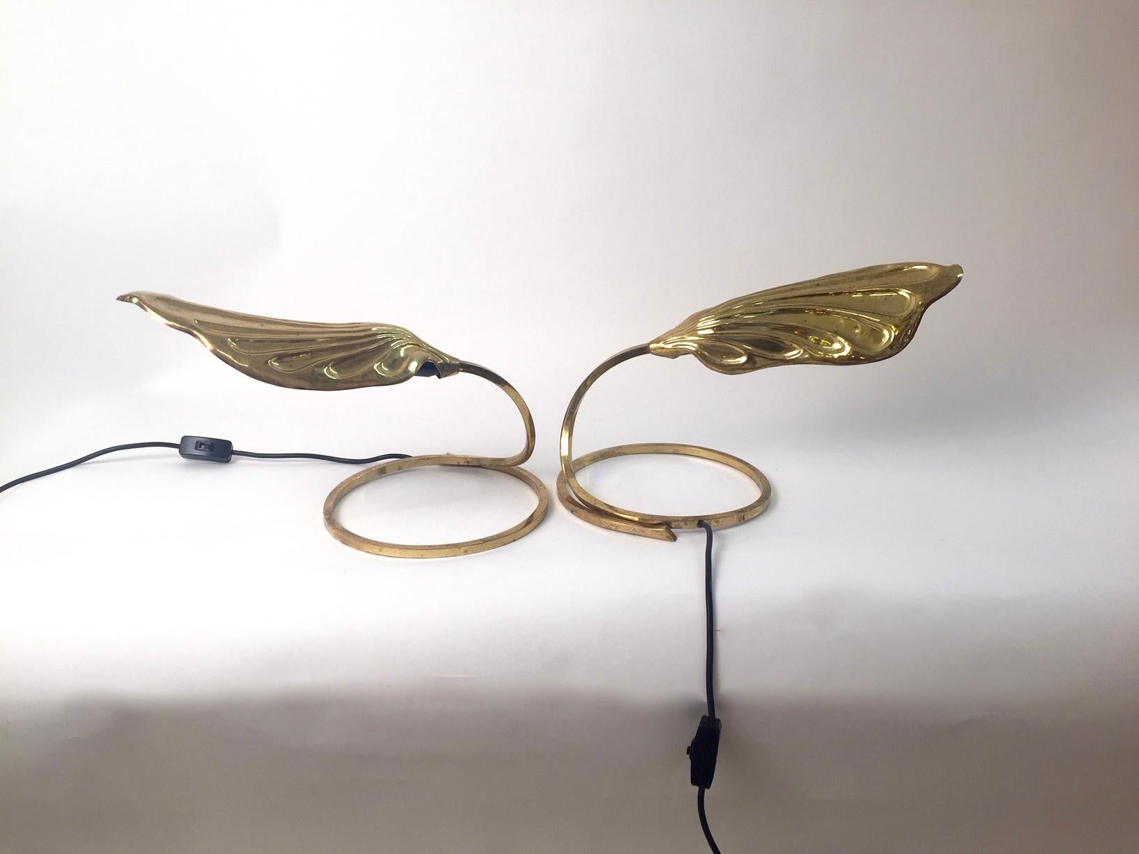 Mid-Century Modern Mid-Century Pair of Tommasso Barbi Brass Leaf-Shaped Table Lamps for Bottega  For Sale