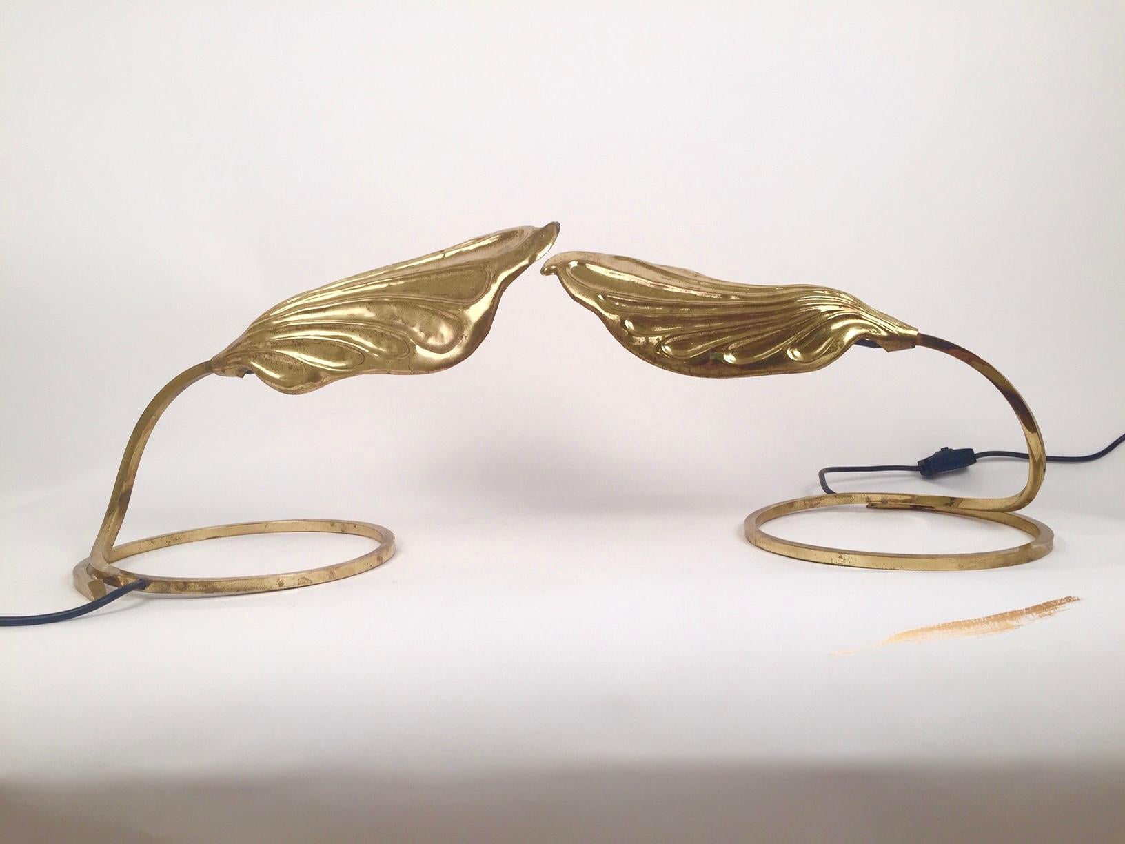 Late 20th Century Mid-Century Pair of Tommasso Barbi Brass Leaf-Shaped Table Lamps for Bottega  For Sale