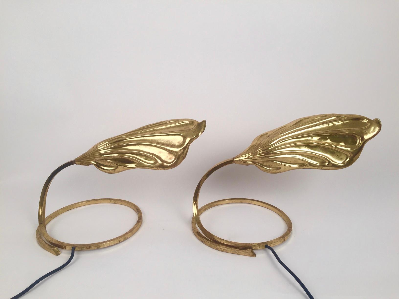 Mid-Century Pair of Tommasso Barbi Brass Leaf-Shaped Table Lamps for Bottega  For Sale 1