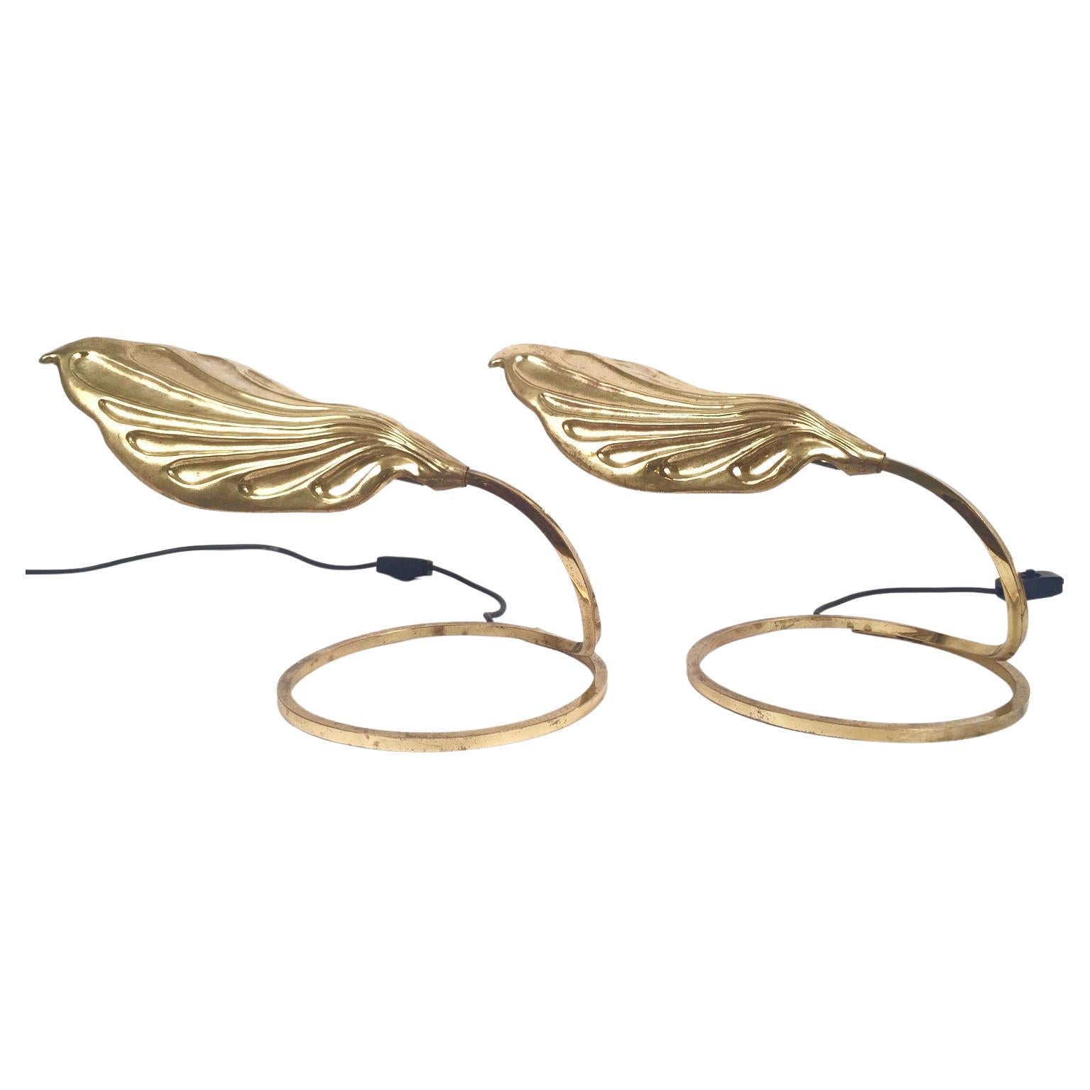 Mid-Century Pair of Tommasso Barbi Brass Leaf-Shaped Table Lamps for Bottega 