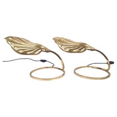 Mid-Century Pair of Tommasso Barbi Brass Leaf-Shaped Table Lamps for Bottega