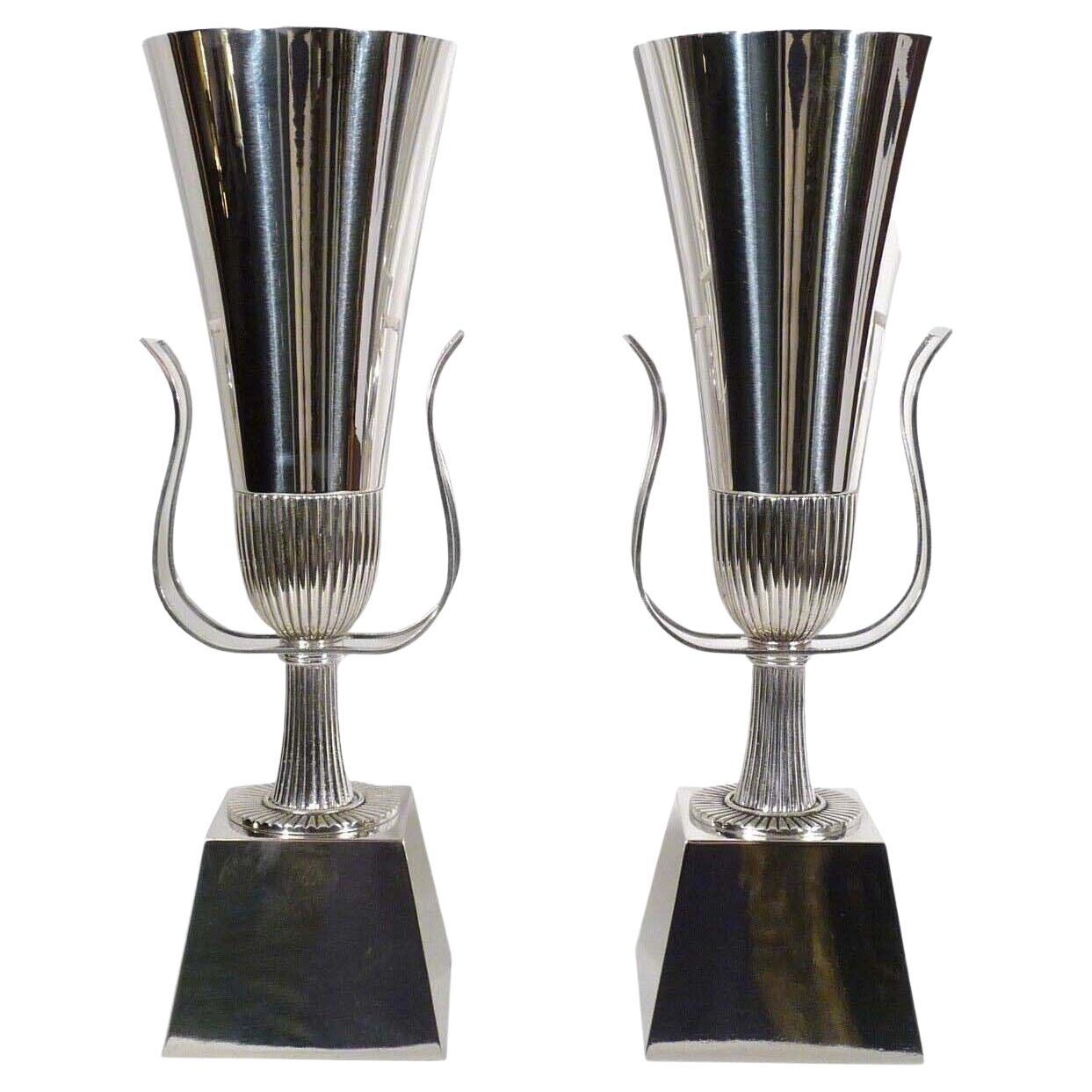 Midcentury Pair of Tommi Parzinger Lightolier Silver Plated Torchiere Lamps For Sale